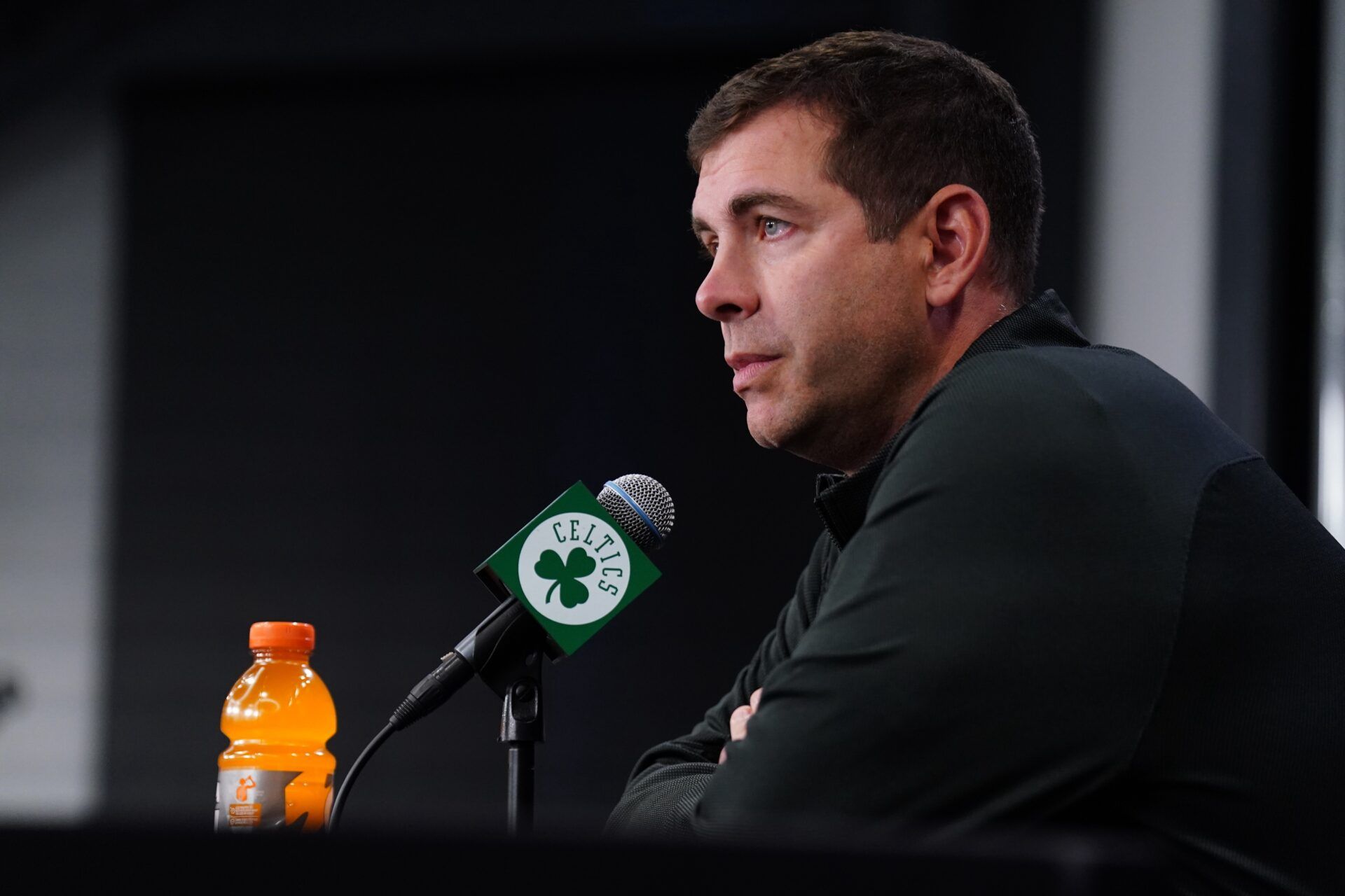 Boston Celtics president of basketball operations Brad Stevens talks to reporters during media day at the Auerbach Center.