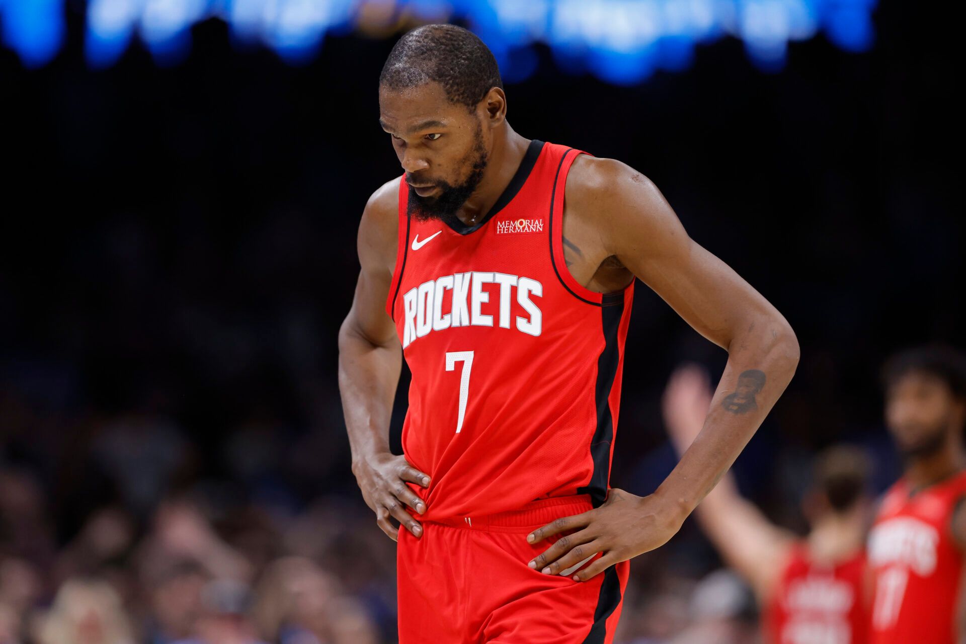 Houston Rockets forward Kevin Durant (7) walks off the court after a play against the Oklahoma City Thunder during double overtime at Paycom Center.