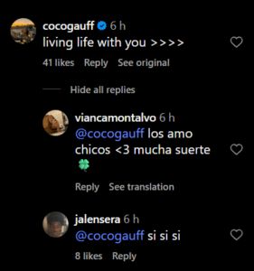 Coco Gauff and Jalen Sera's comment on Instagram