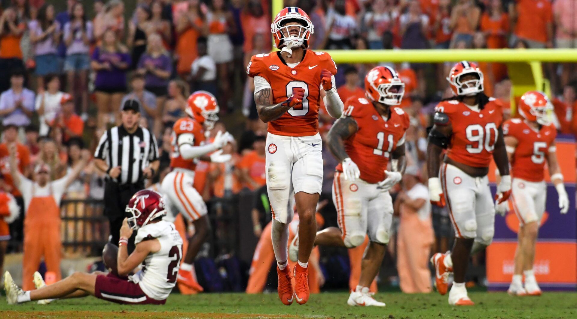 Clemson Tigers cornerback Avieon Terrell (8) celebrates after stopping a fake punt attempt by Troy Trojans Saturday, Sept. 6, 2025 during the NCAA football game at Memorial Stadium in Clemson, South Carolina.
