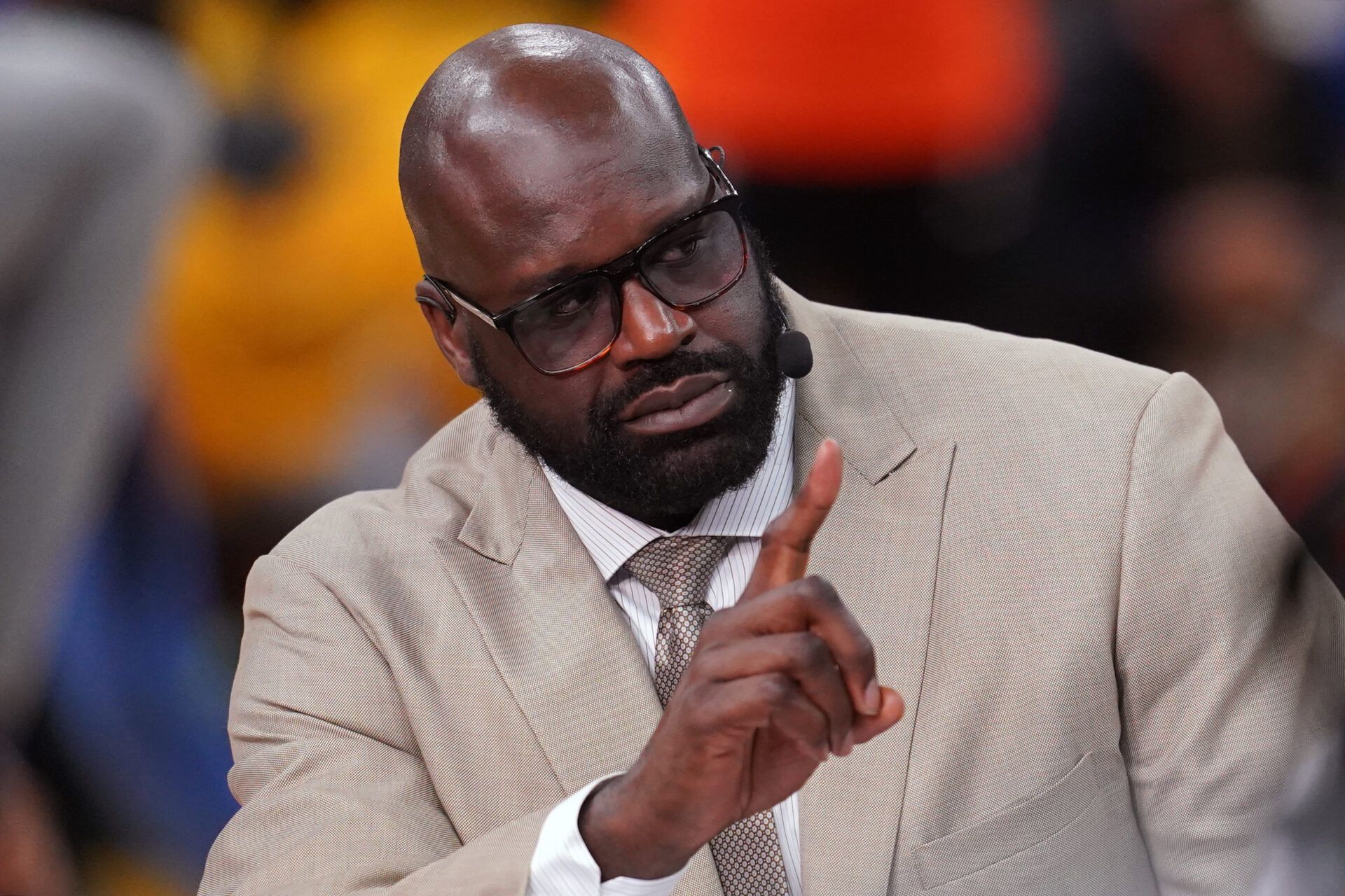 NBA analyst and former player Shaquille O'Neal speaks before the game between the Golden State Warriors and the Boston Celtics during game two of the 2022 NBA Finals at Chase Center.