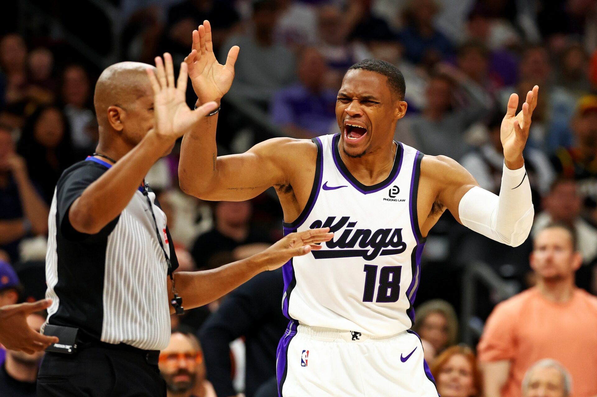 Sacramento Kings guard Russell Westbrook (18) reacts to a call during the second half against the Phoenix Suns at the Mortgage Matchup Center.