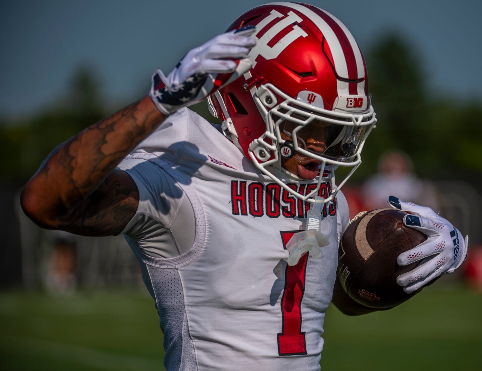 Indiana's Amare Ferrell (1) and Mario Landino (97) during Indiana University football practice on Wednesday, July 30, 2025.