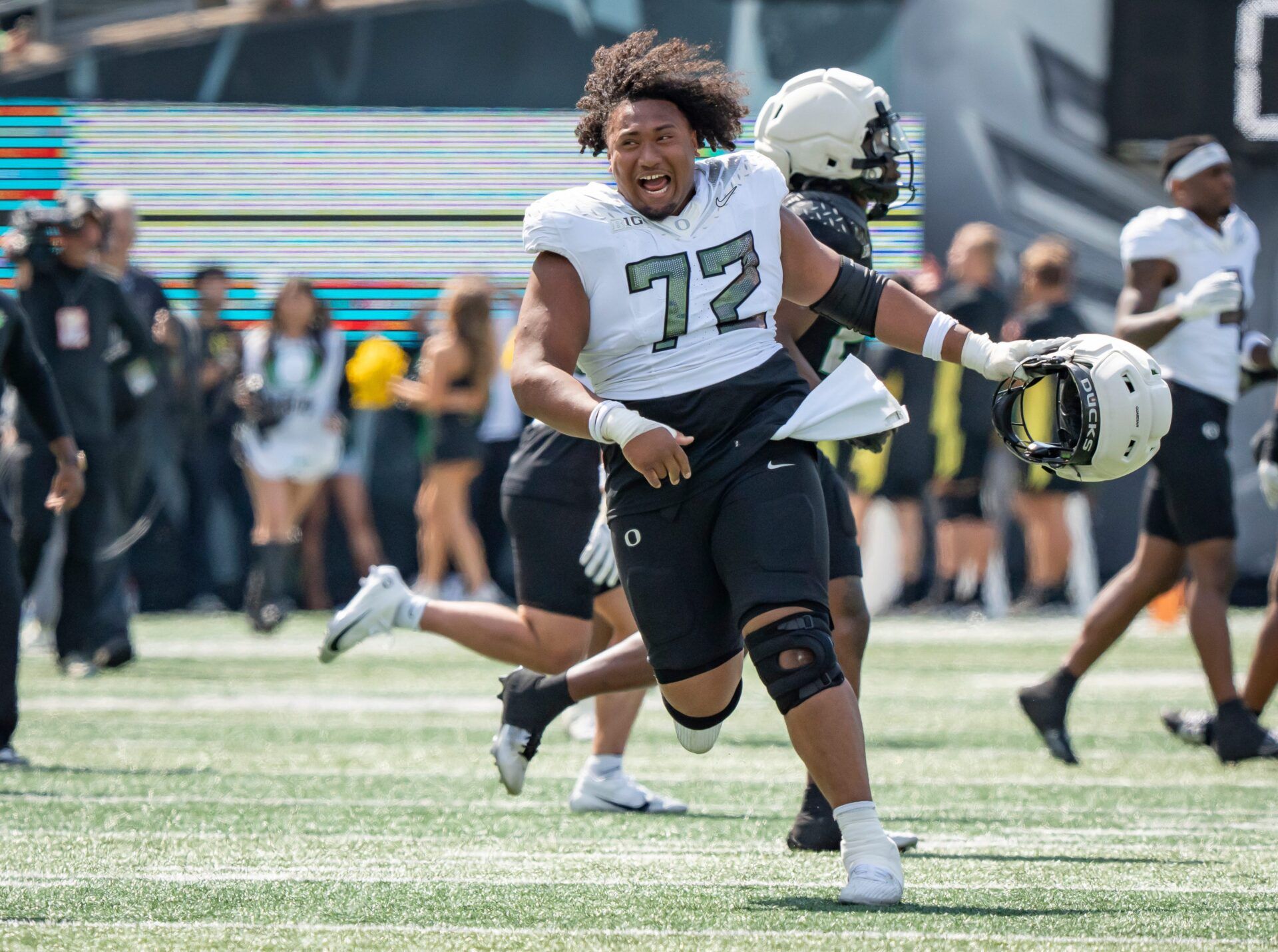 Oregon Ducks offensive lineman Iapani Laloulu celebrates as the Fighting Ducks face off against Mighty Oregon in the Oregon Ducks spring game on April 26, 2025, at Autzen Stadium in Eugene.