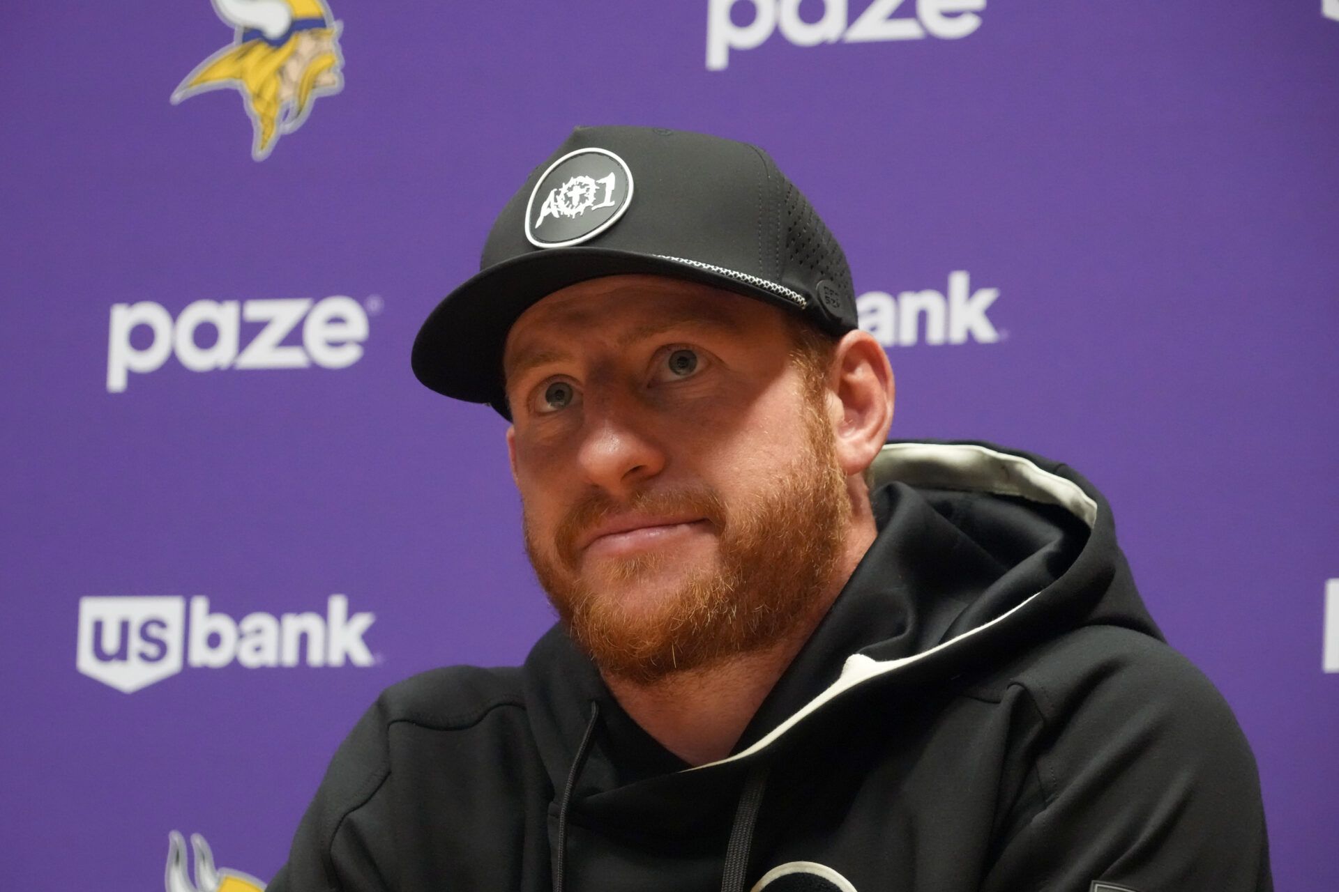 Minnesota Vikings quarterback Carson Wentz (11) at press conference at Sport Ireland Campus.