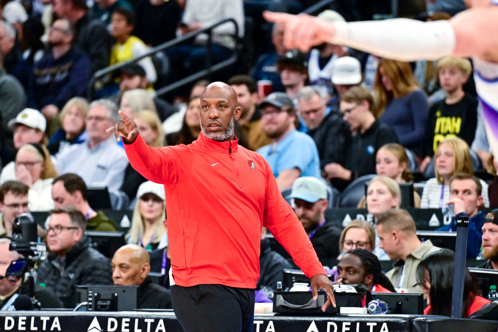 Portland Trail Blazers head coach Chauncey Billups gives instructions to his team during the first half against the Utah Jazz at Delta Center.