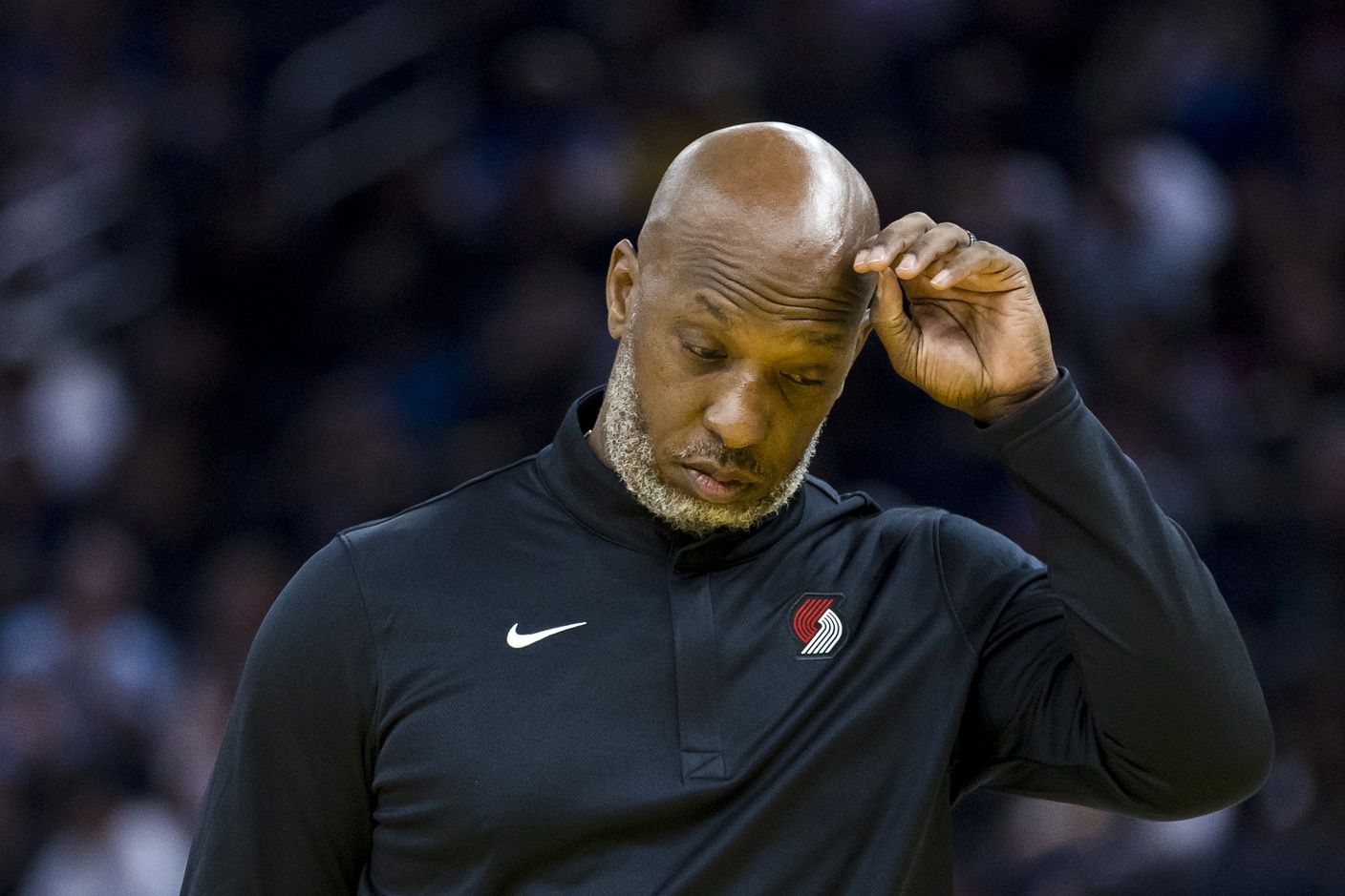 Portland Trail Blazers Head Coach Chauncey Billups reacts during a time-out in the second quarter against the Golden State Warriors at Chase Center.