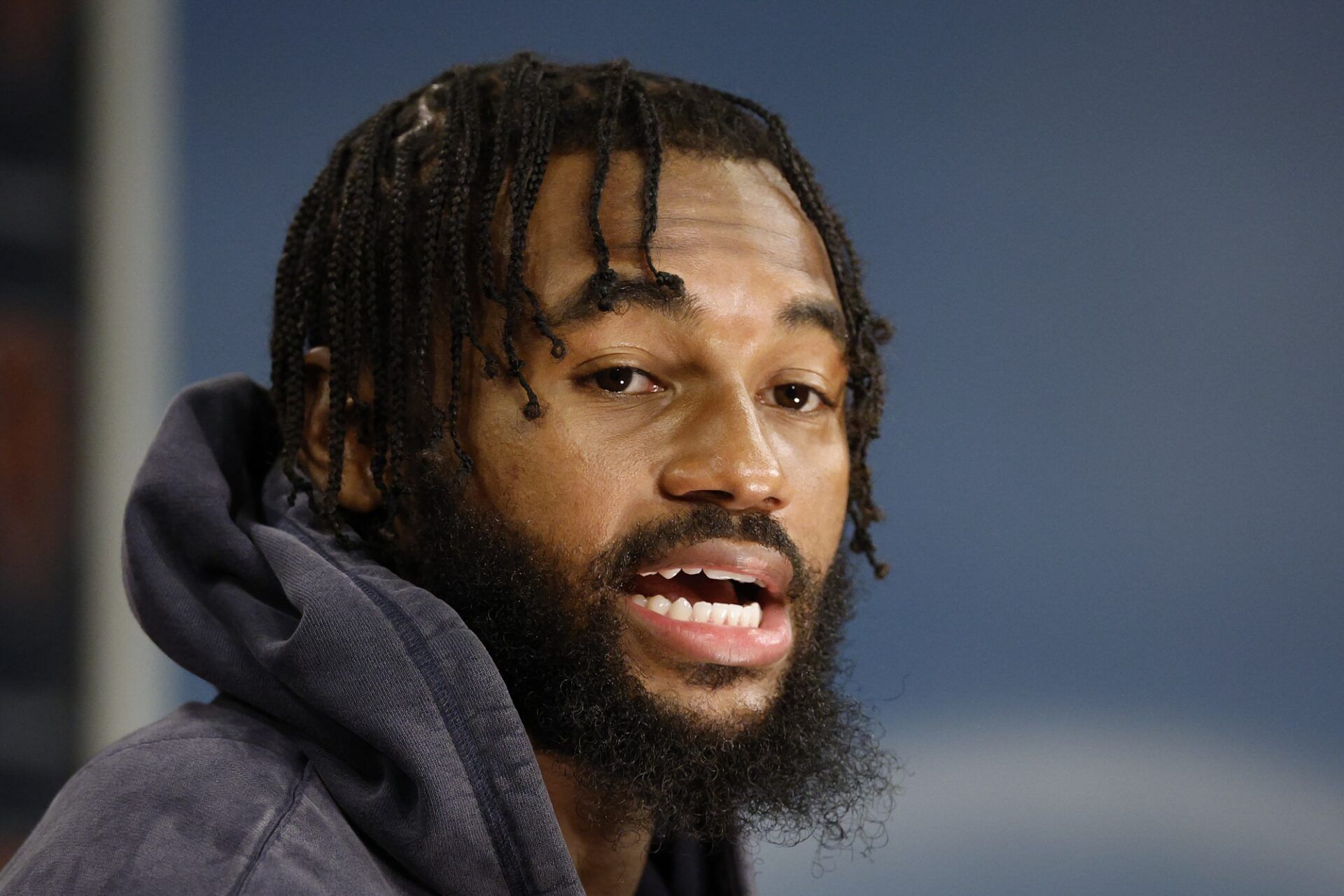 Chicago Bears running back D'Andre Swift (4) speaks during training camp at Halas Hall.