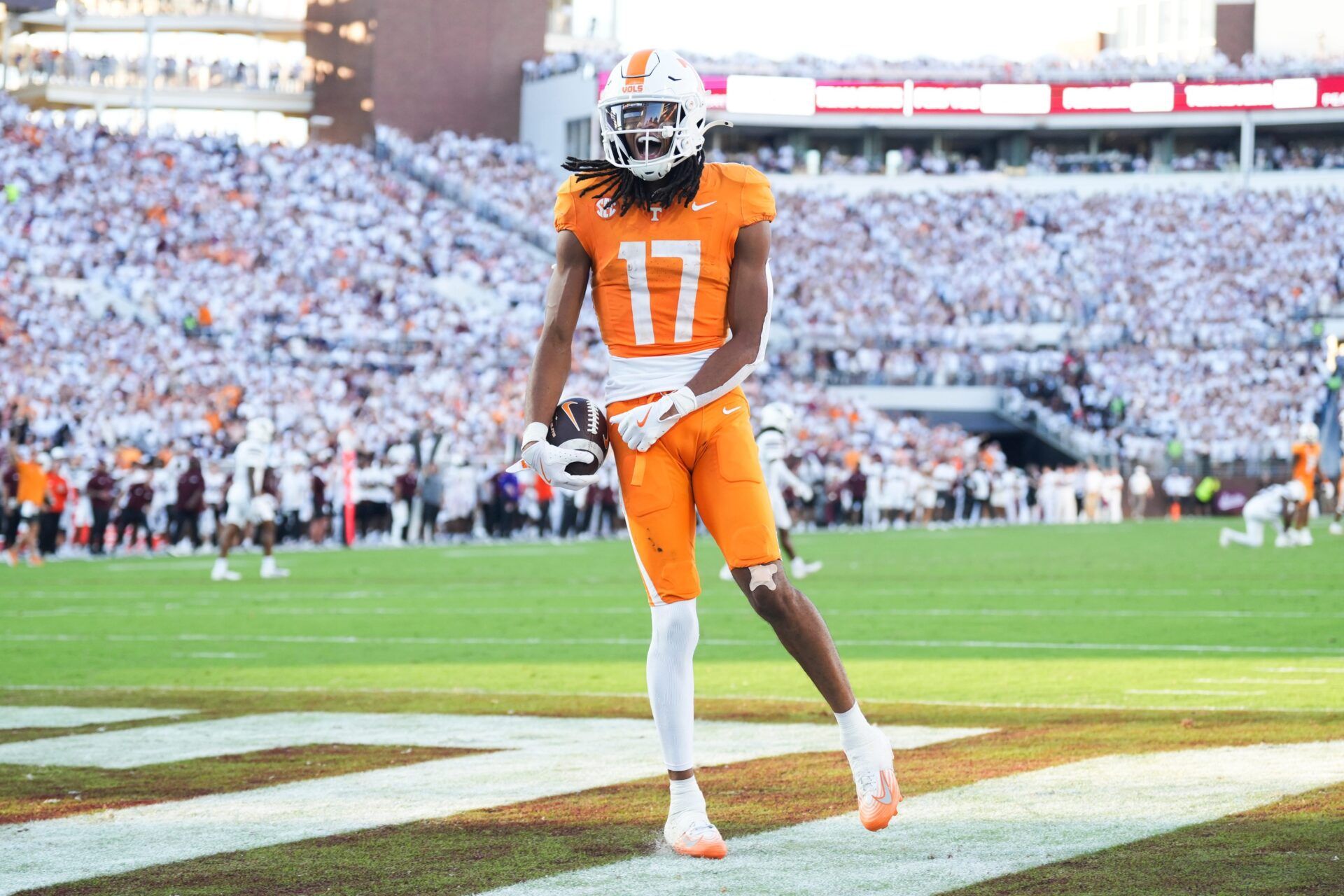 Tennessee wide receiver Chris Brazzell II (17) celebrates after scoring a touchdown that was later called back for offensive pass interference during a college football game between Tennessee and Mississippi State at Davis Wade Stadium in Starkville, Miss., on Sept. 27, 2025.