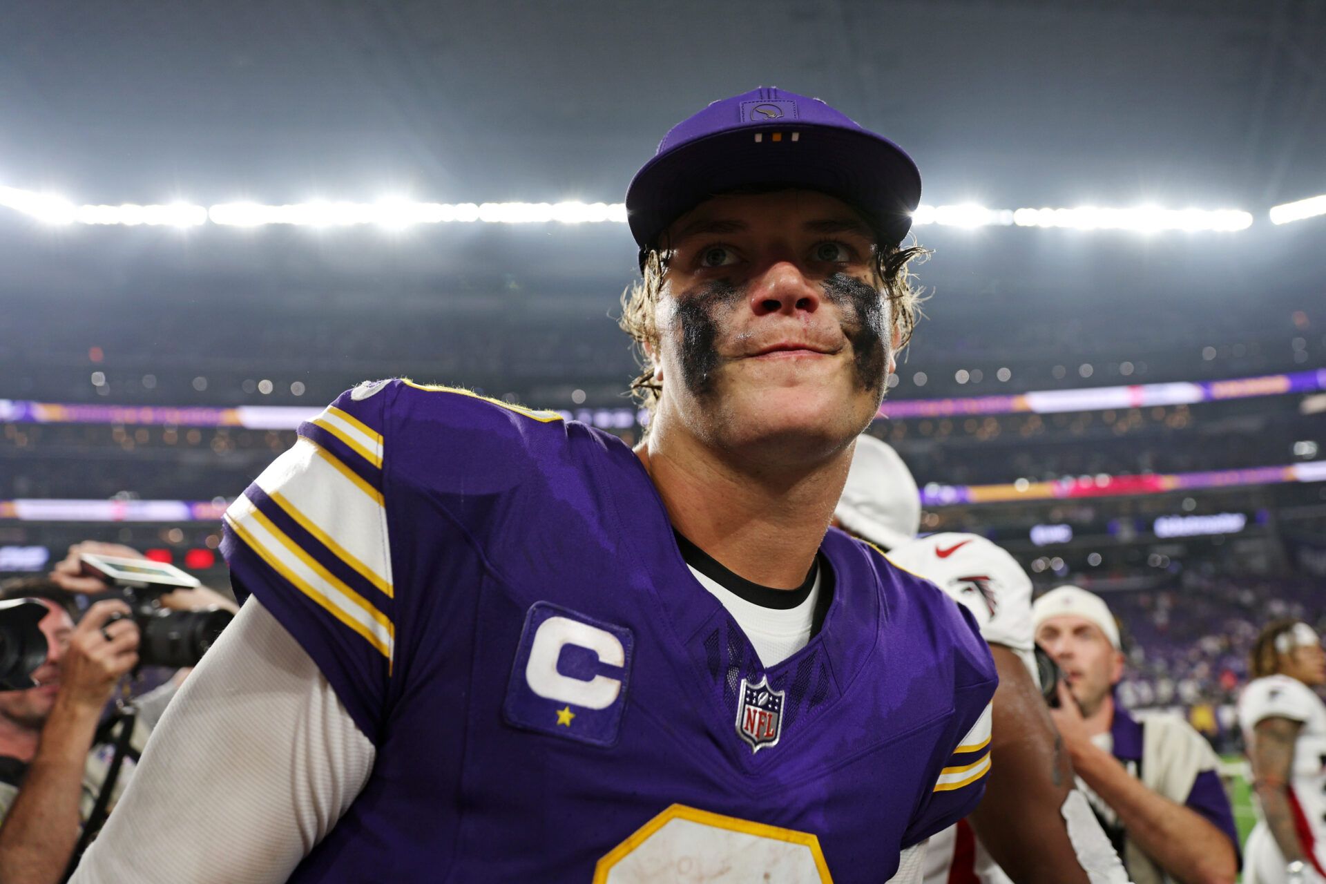 Minnesota Vikings quarterback J.J. McCarthy (9) reacts after the game against the Atlanta Falcons at U.S. Bank Stadium.