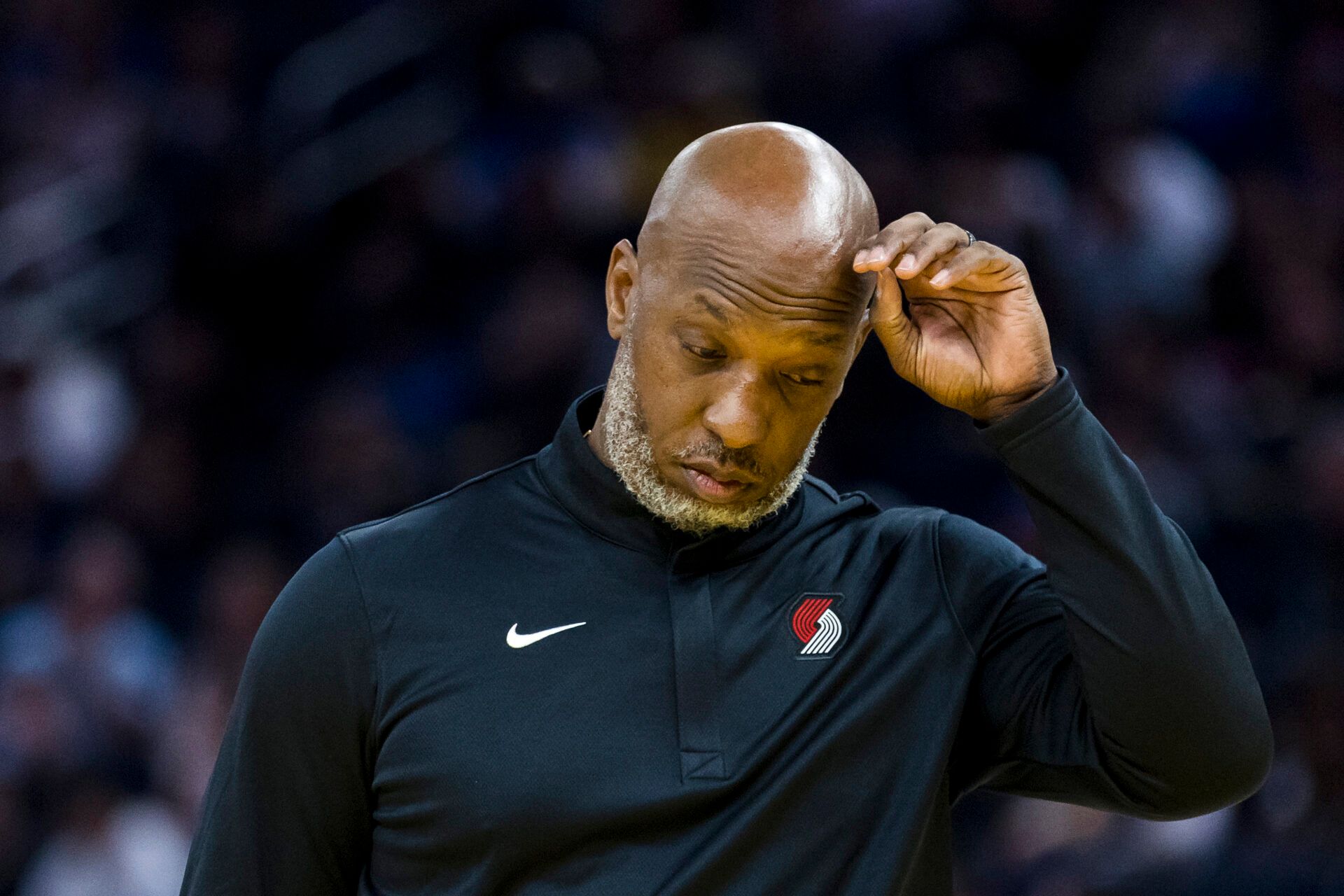 Portland Trail Blazers Head Coach Chauncey Billups reacts during a time-out in the second quarter against the Golden State Warriors at Chase Center.