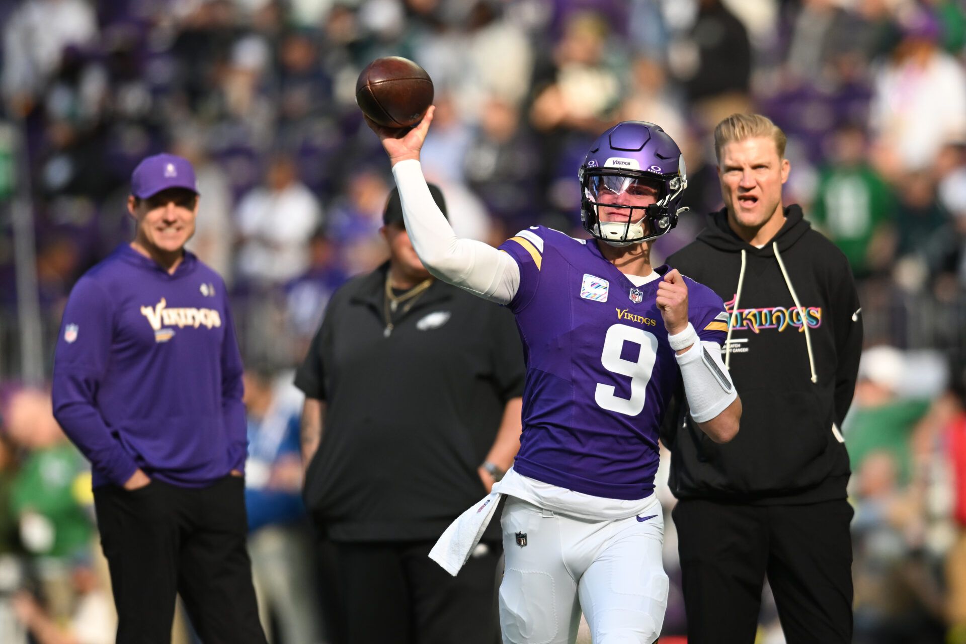 Minnesota Vikings quarterback J.J. McCarthy (9) throws a pass during warm ups before the game against the Philadelphia Eagles at U.S. Bank Stadium.