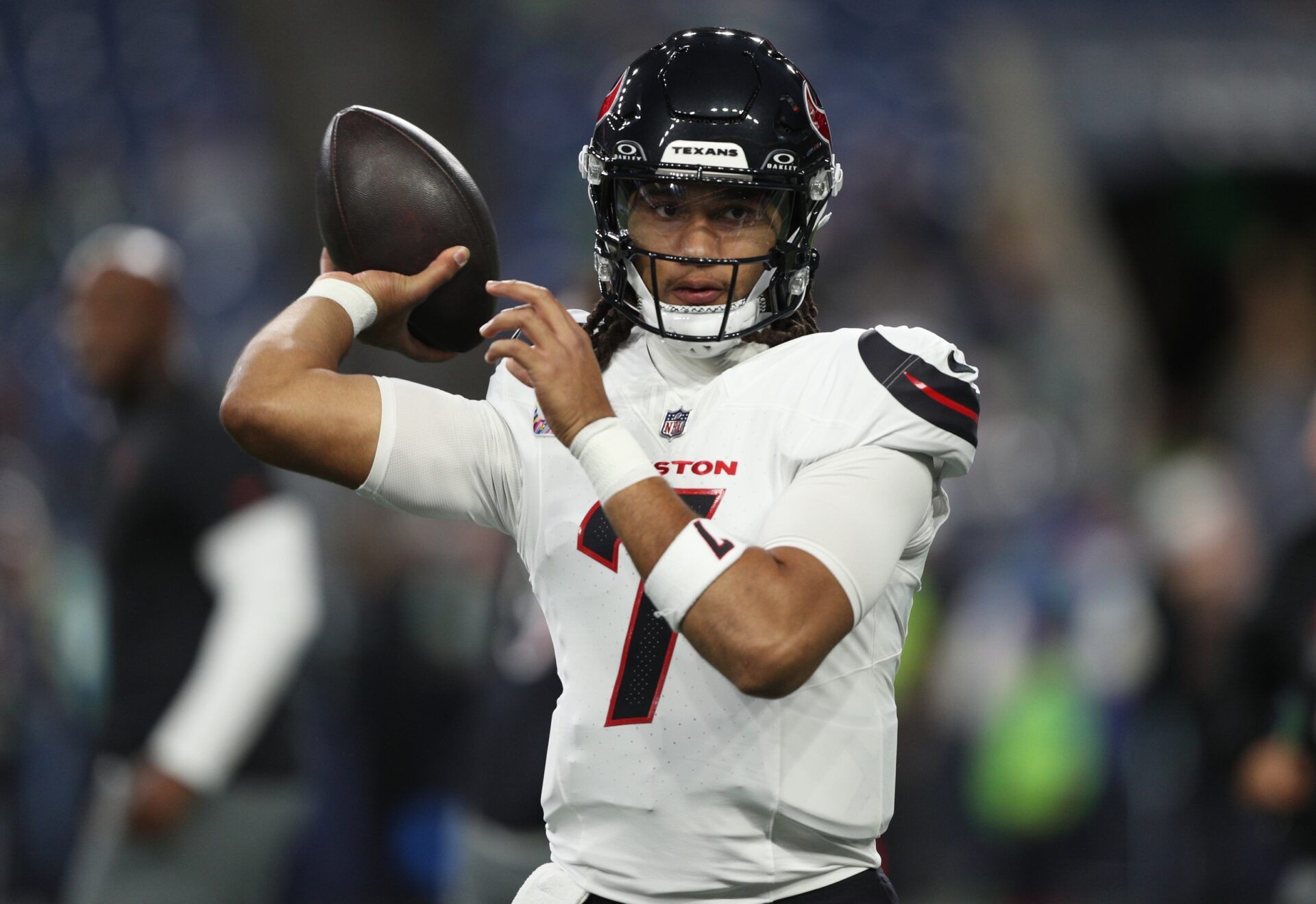Houston Texans quarterback C.J. Stroud (7) warms up prior to the game against the Seattle Seahawks at Lumen Field.