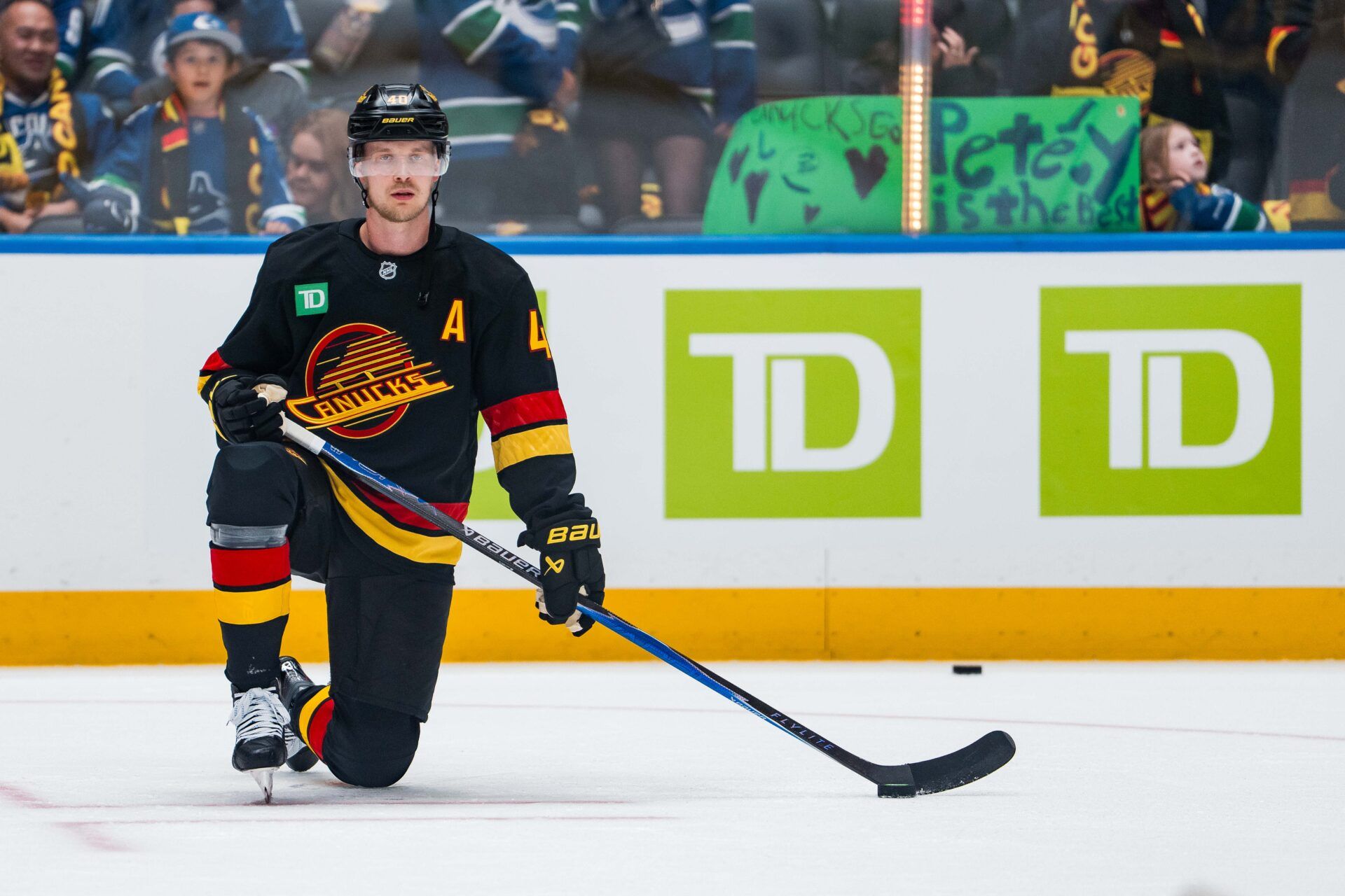 Vancouver Canucks forward Elias Pettersson (40) rests during warm up prior to a game against the Calgary Flames at Rogers Arena.