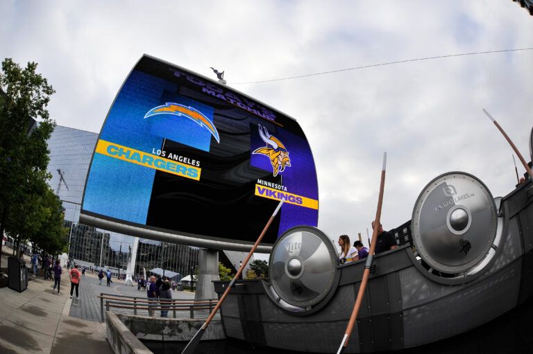The Viking ship monument sits outside U.S. Bank Stadium before the game between the Minnesota Vikings and the Los Angeles Chargers.