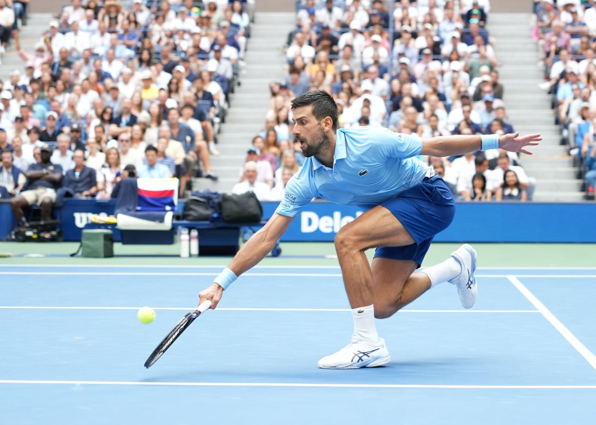 Novak Djokovic (SRB) hits to Carlos Alcaraz (ESP) (not pictured) on day thirteen of the 2025 U.S. Open tennis tournament at the USTA Billie Jean King National Tennis Center.