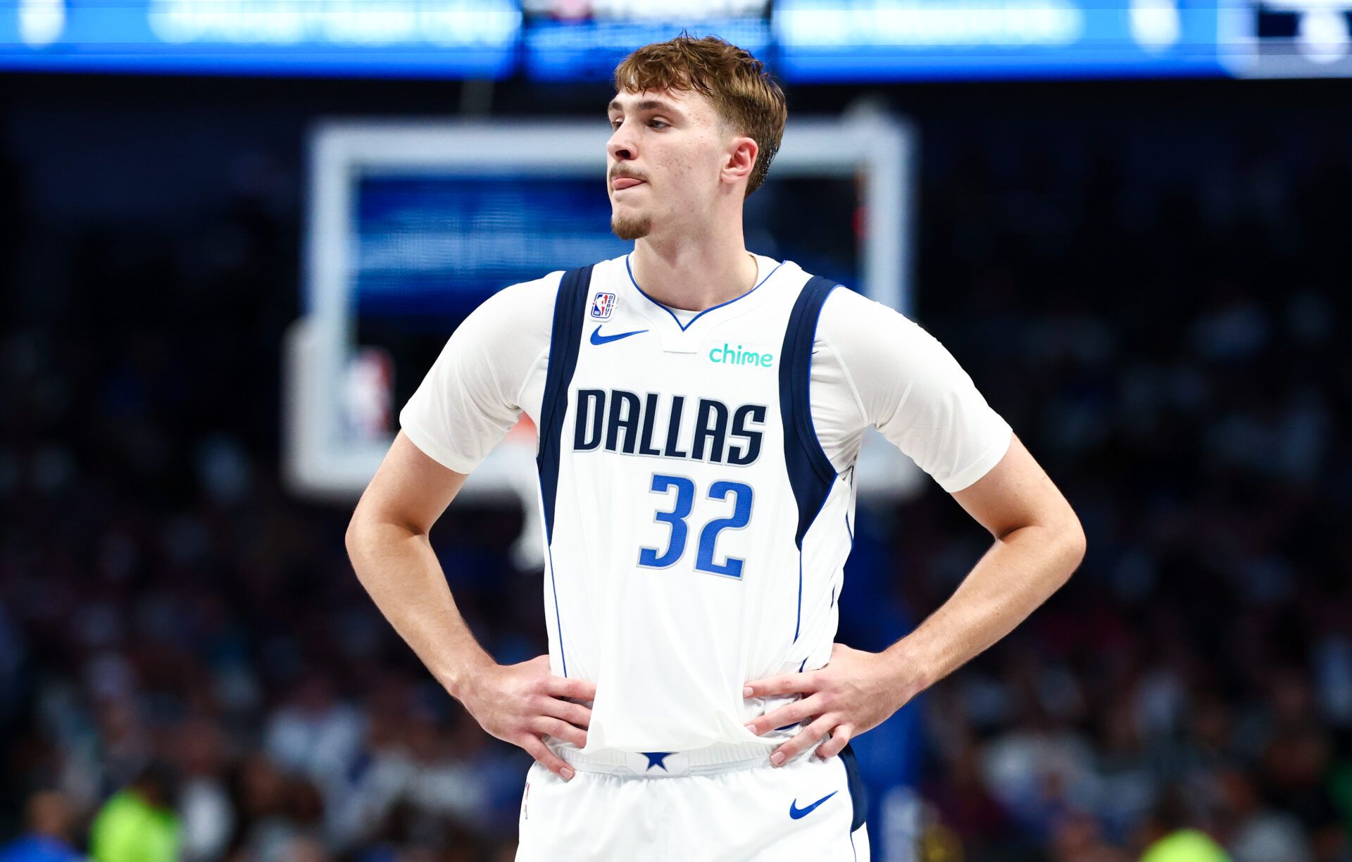 Dallas Mavericks forward Cooper Flagg (32) reacts against the San Antonio Spurs  during the second half at American Airlines Center.