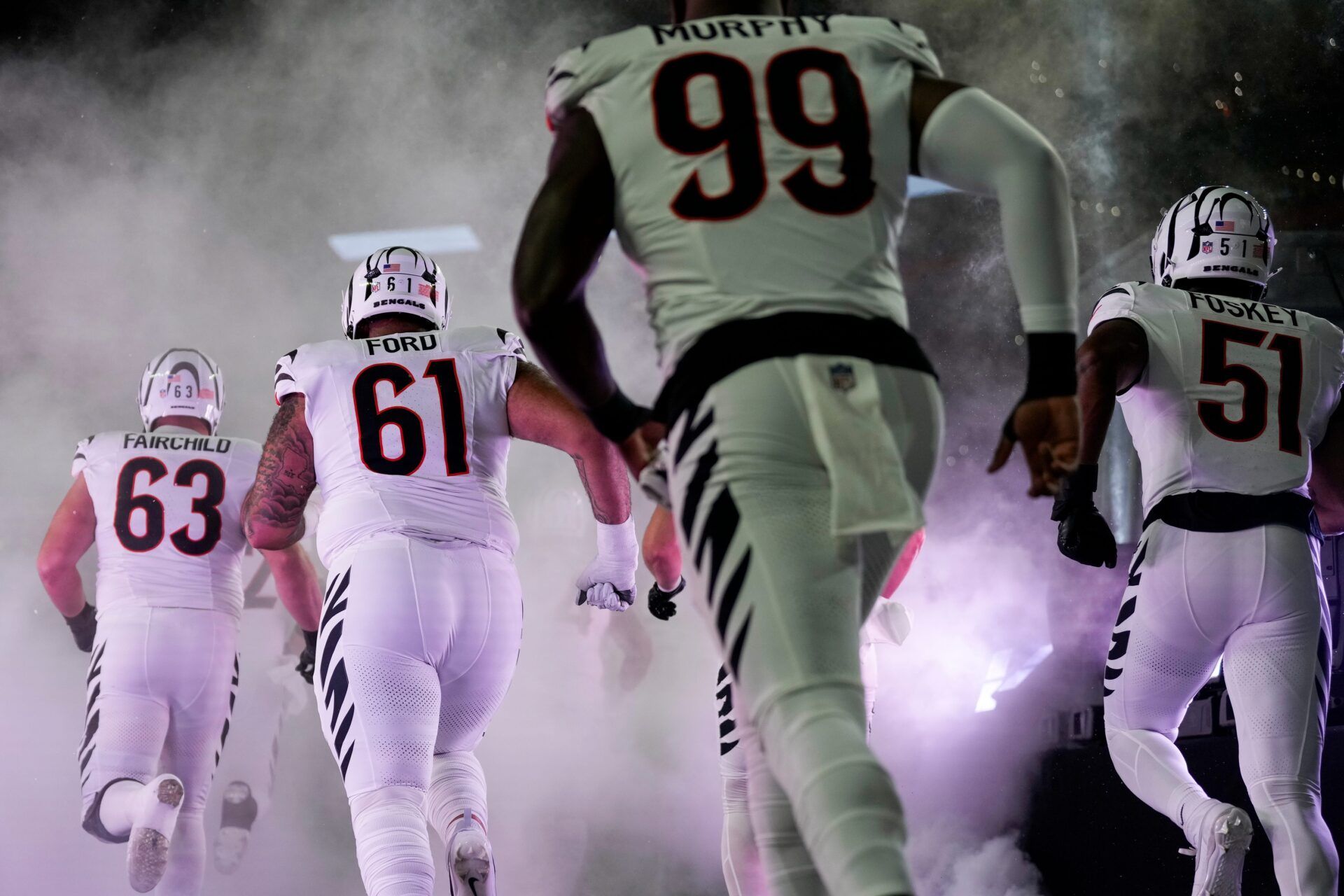 The Cincinnati Bengals take the field for the first quarter of the NFL Week 7 game between the Cincinnati Bengals and the Pittsburgh Steelers at Paycor Stadium in downtown Cincinnati on Thursday, Oct. 16, 2025.