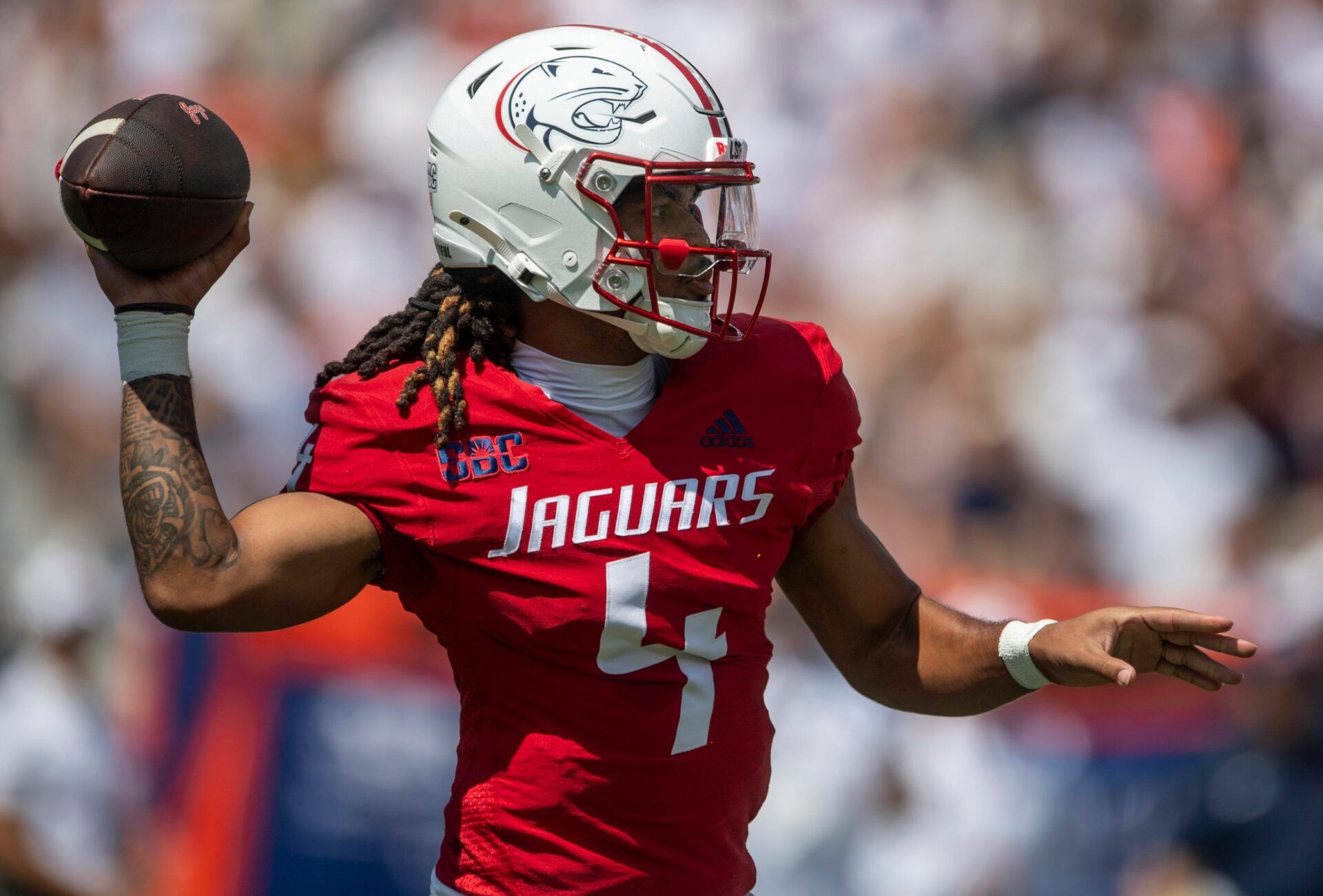 South Alabama Jaguars quarterback Bishop Davenport (4) throws the ball as Auburn Tigers take on South Alabama Jaguars at Jordan-Hare Stadium in Auburn, Ala. on Saturday, Sept. 13, 2025. Auburn Tigers lead South Alabama Jaguars 28-9 at halftime.