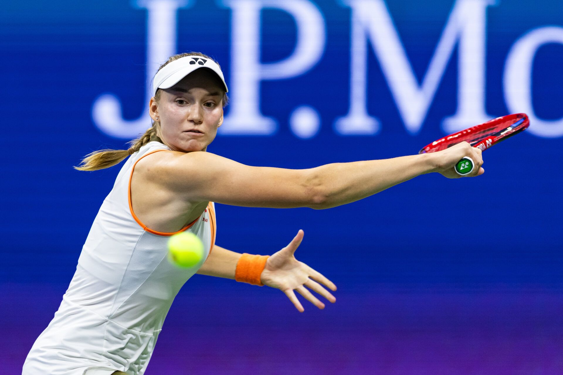 Elena Rybakina of Kazakhstan in action against Marketa Vondrousova of Czech Republic in the fourth round of the women’s singles at the US Open at Arthur Ashe Stadium in Billie Jean King National Tennis Center.