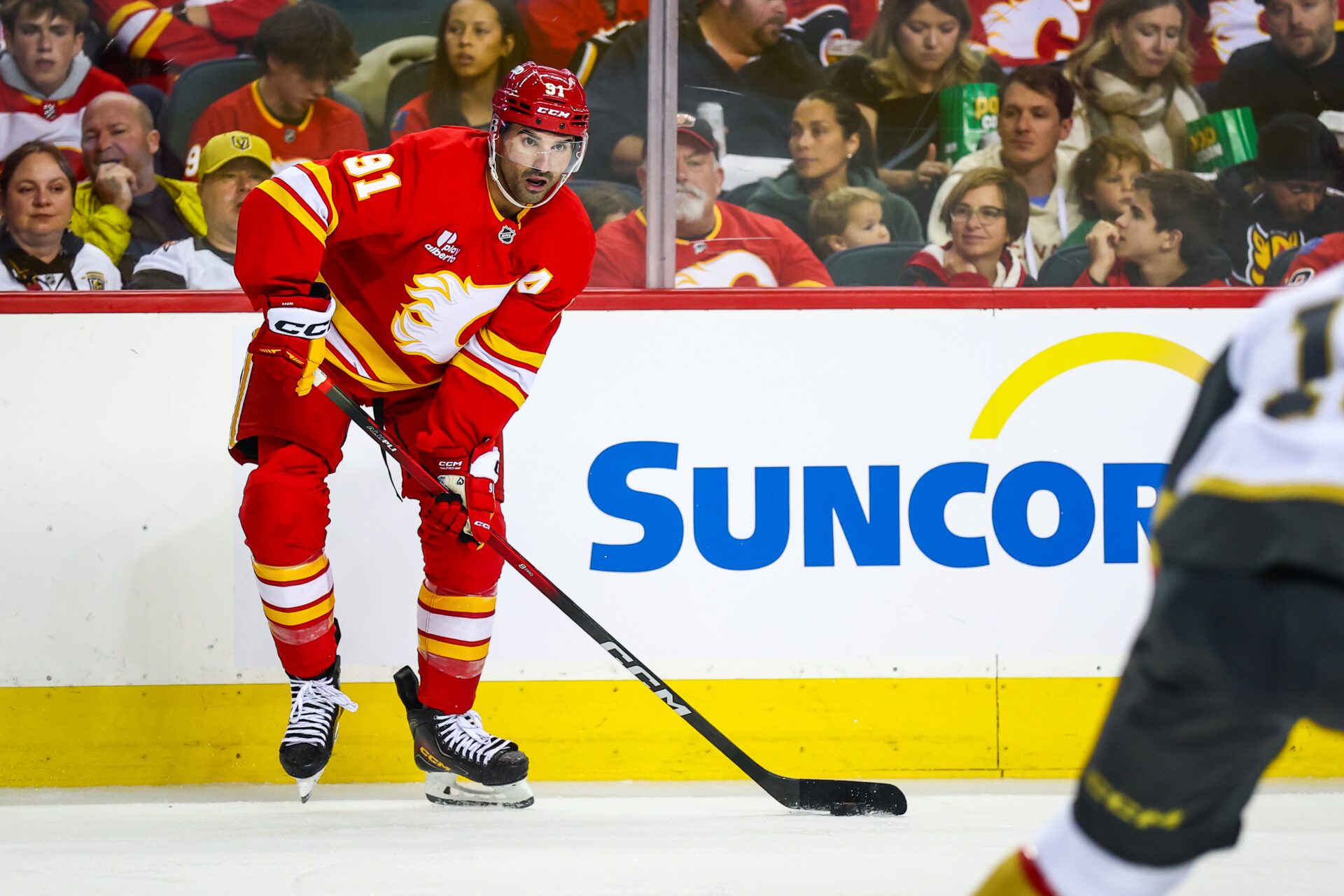 Calgary Flames center Nazem Kadri (91) controls the puck against the Vegas Golden Knights during the second period at Scotiabank Saddledome.