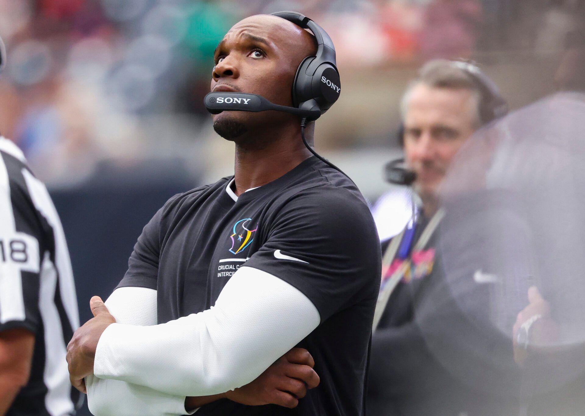 Houston Texans head coach DeMeco Ryans looks up during the fourth quarter against the Tennessee Titans at NRG Stadium.