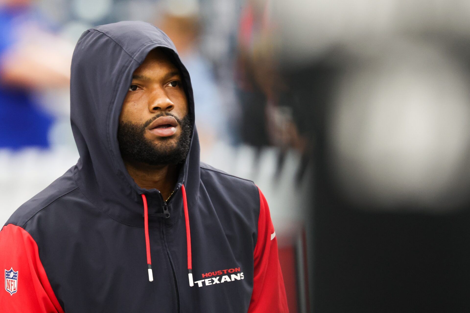Houston Texans wide receiver Nico Collins (12) looks on before the game against the Tampa Bay Buccaneers at NRG Stadium.