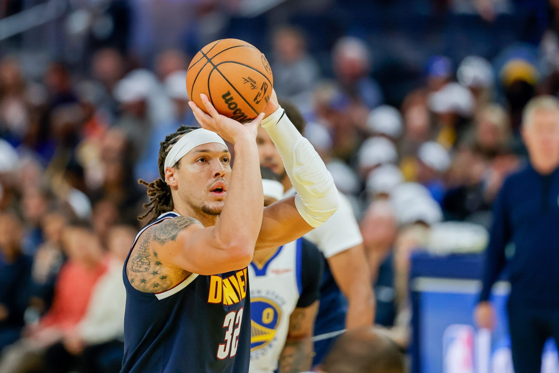Denver Nuggets forward Aaron Gordon (32) shoots against the Golden State Warriors during the second quarter at Chase Center.