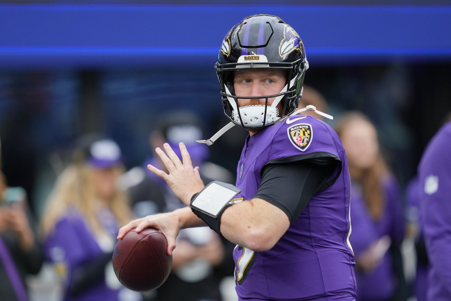 Baltimore Ravens quarterback Cooper Rush (15) warms up prior to the game against the Los Angeles Rams at M&T Bank Stadium.