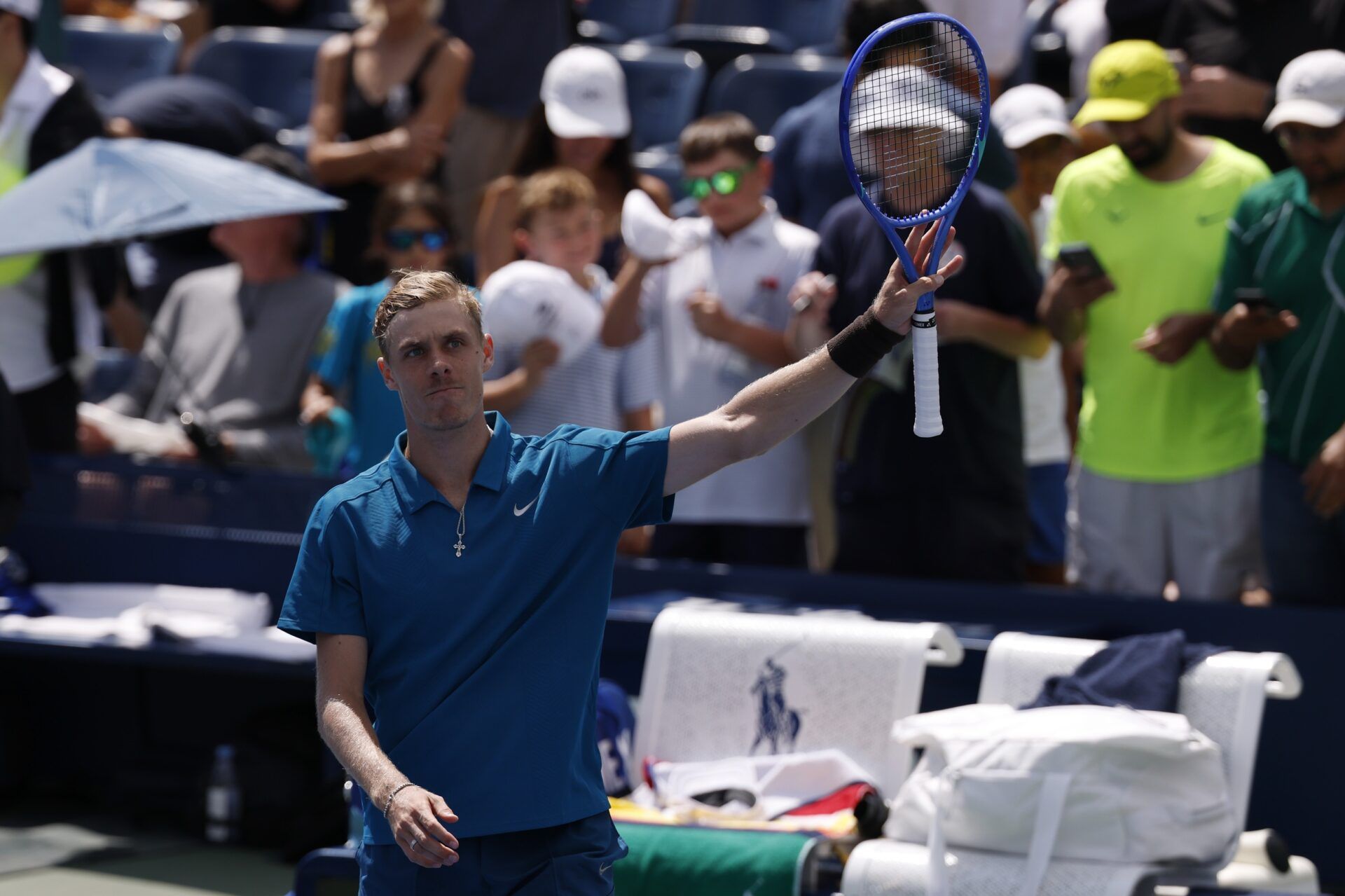 Flushing, NY, USA; Denis Shapovalov (CAN) waves to the crowd after his match against Marton Fucsovics (HUN) (not pictured) on day three of the 2025 US Open tennis tournament at Billie Jean King USTA National Tennis Center.