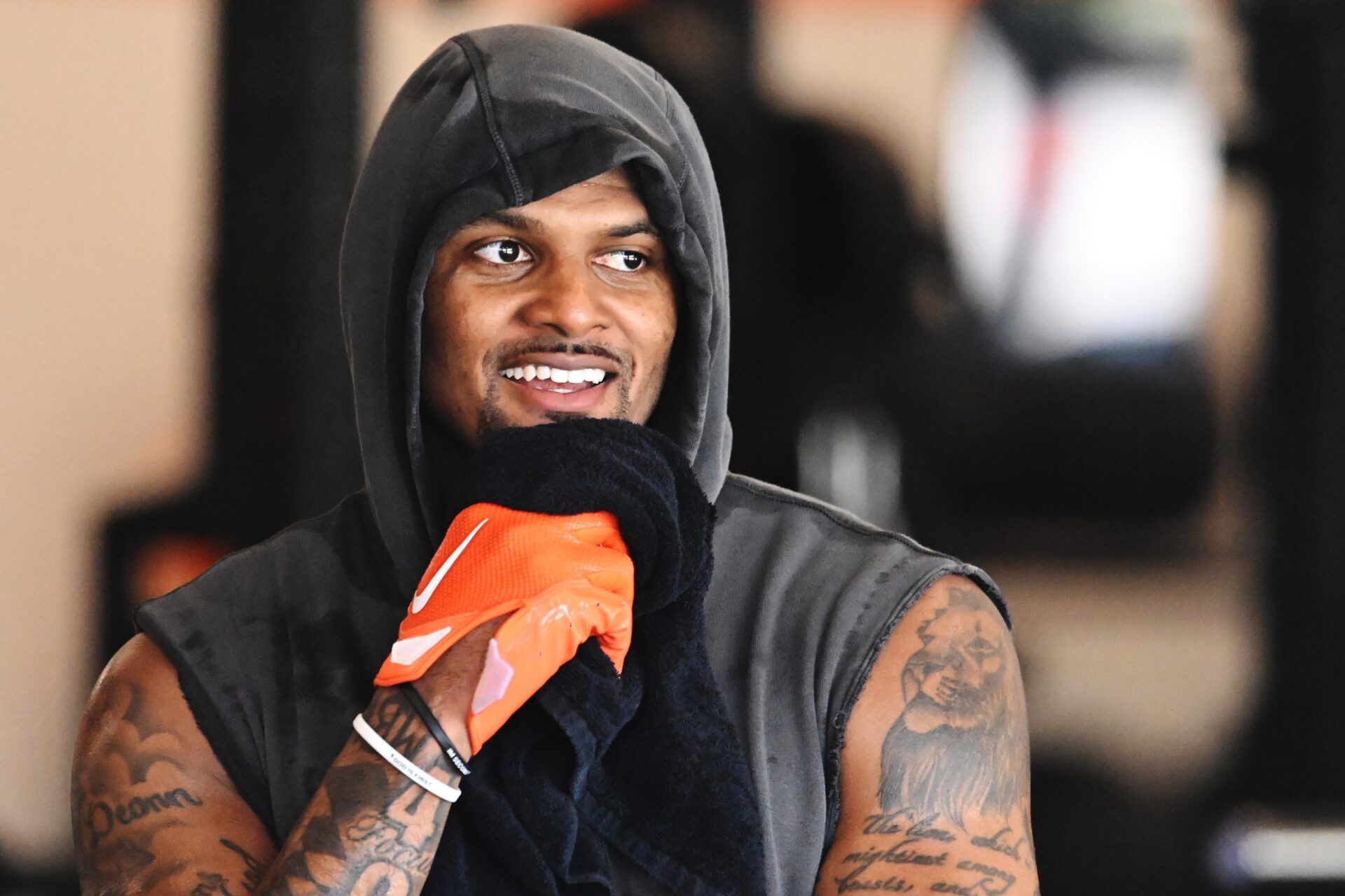 Cleveland Browns quarterback Deshaun Watson (4) works out during mini camp at CrossCountry Mortgage Campus.