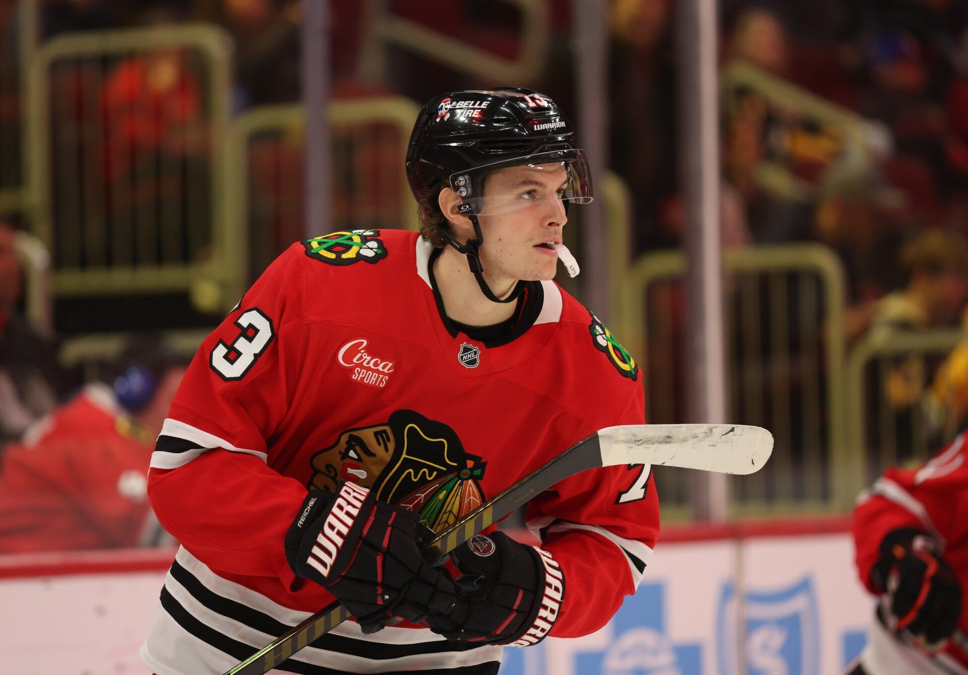 Chicago Blackhawks left wing Lukas Reichel (73) warms up before the second period against the Pittsburgh Penguins at United Center.