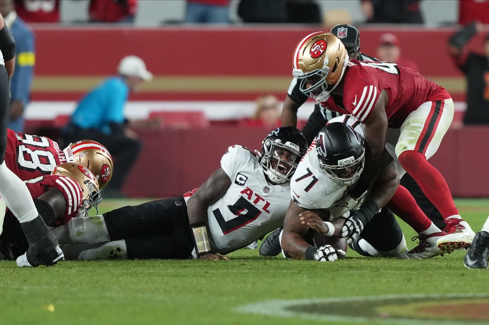 Atlanta Falcons quarterback Michael Penix Jr. (9) reacts after being sacked during the court quarter against the San Francisco 49ers at Levi's Stadium.