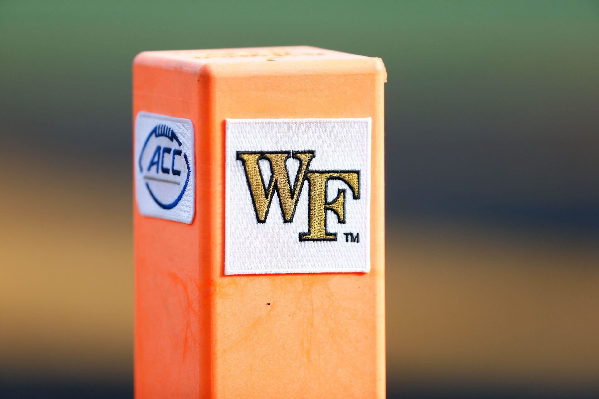 The Wake Forest Demon Deacons and ACC logo on the pylon in the end zone during the game against the Utah State Aggies at BB&T Field.