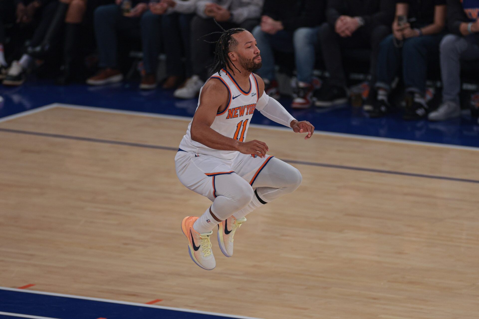 New York Knicks guard Jalen Brunson (11) prepares before the game against the Boston Celtics at Madison Square Garden.