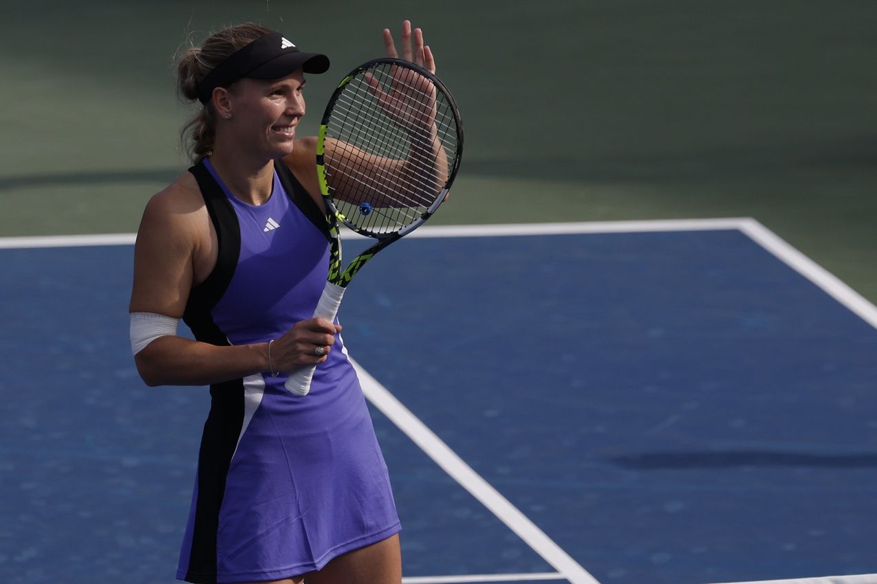 Caroline Wozniacki (DEN) celebrates after her match against Jessika Ponchet (FRA)(not pictured) in a women's singles match on day six of the 2024 U.S. Open tennis tournament at USTA Billie Jean King National Tennis Center.