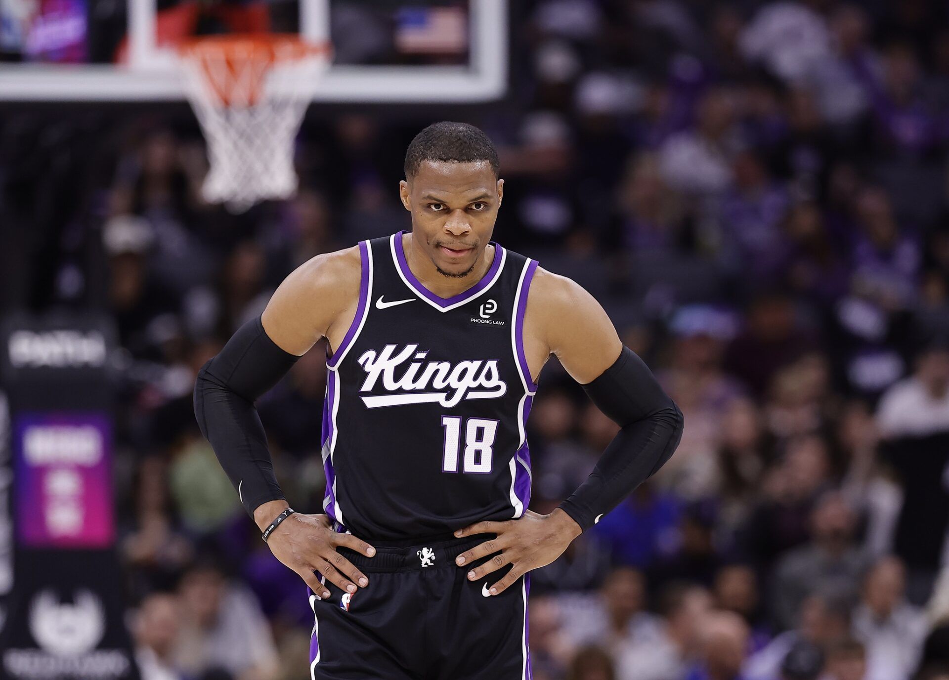 Sacramento Kings guard Russell Westbrook (18) between plays against the Utah Jazz during the first quarter at Golden 1 Center.
