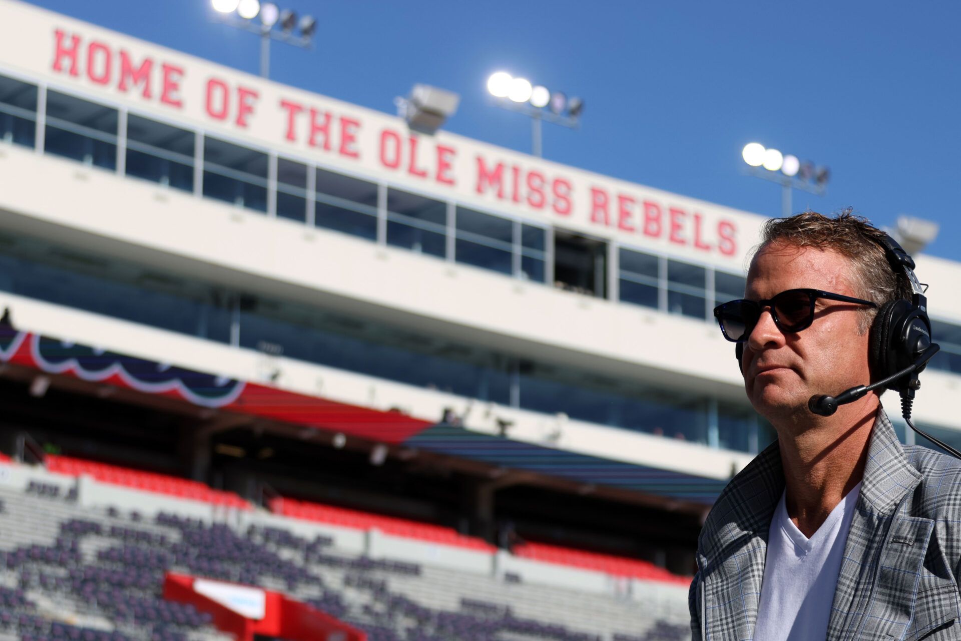 Mississippi Rebels head coach Lane Kiffin interviews prior to the game against the Washington State Cougars at Vaught-Hemingway Stadium.