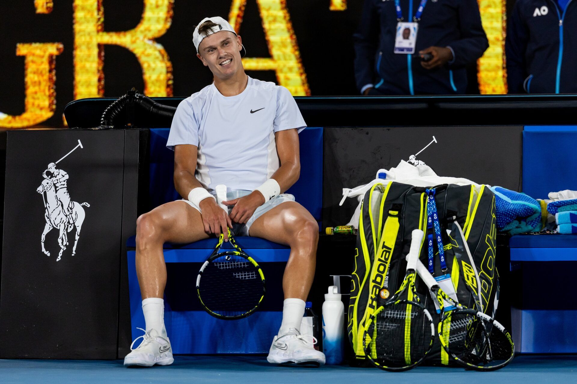 Holger Rune of Denmark gestures during his match against Miomir Kecmanovic of Serbia in the third round of the men's singles at the 2025 Australian Open at Melbourne Park.