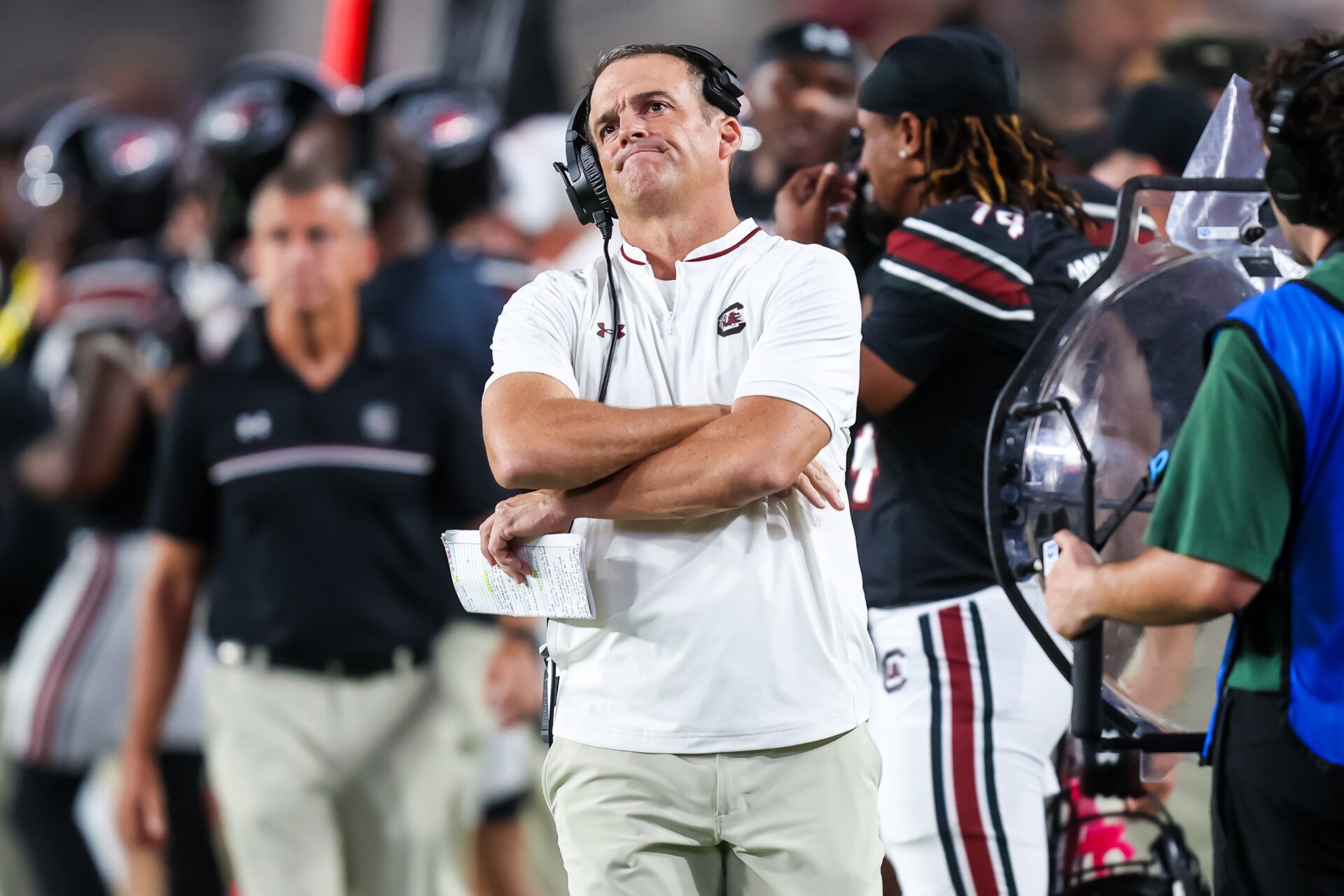 South Carolina Gamecocks head coach Shane Beamer directs his team against the Kentucky Wildcats in the second half at Williams-Brice Stadium.