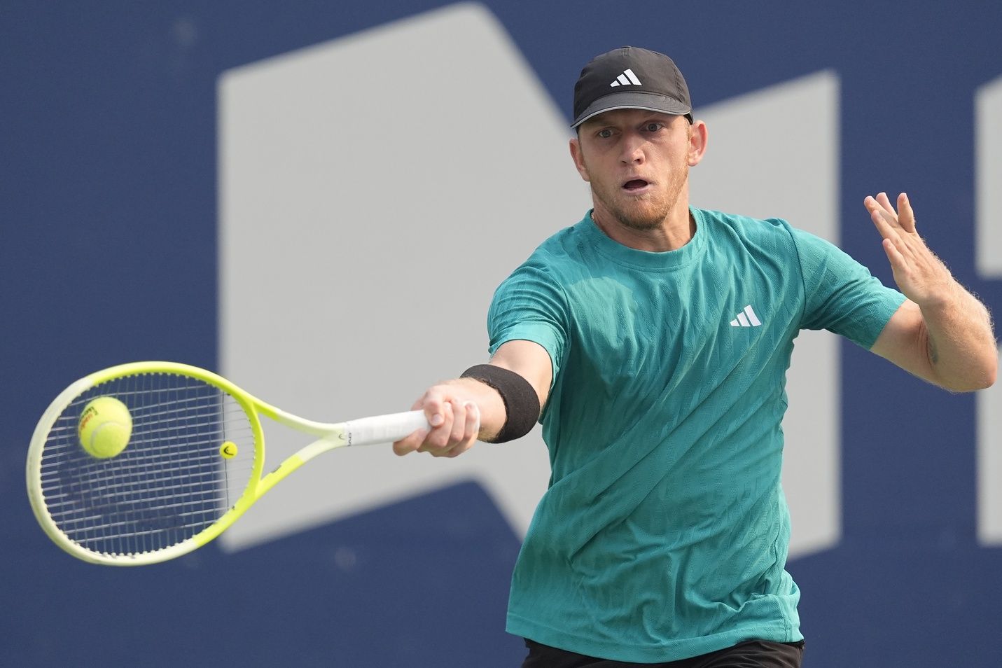 Alejandro Davidovich Fokina (ESP) hits a ball to Andrey Rublev (not pictured)  during round four at Sobeys Stadium.