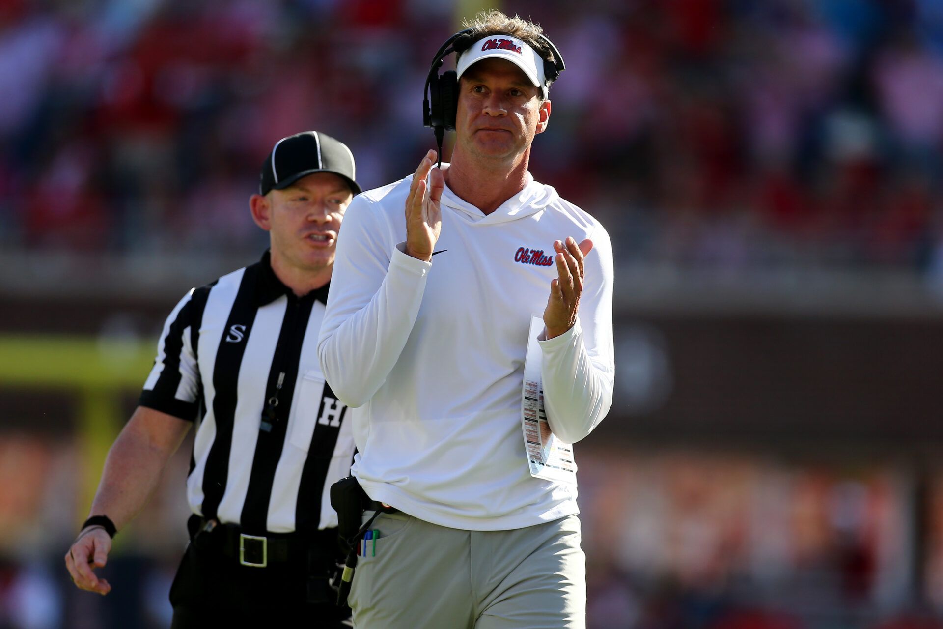 Mississippi Rebels head coach Lane Kiffin reacts during the second quarter against the LSU Tigers at Vaught-Hemingway Stadium.
