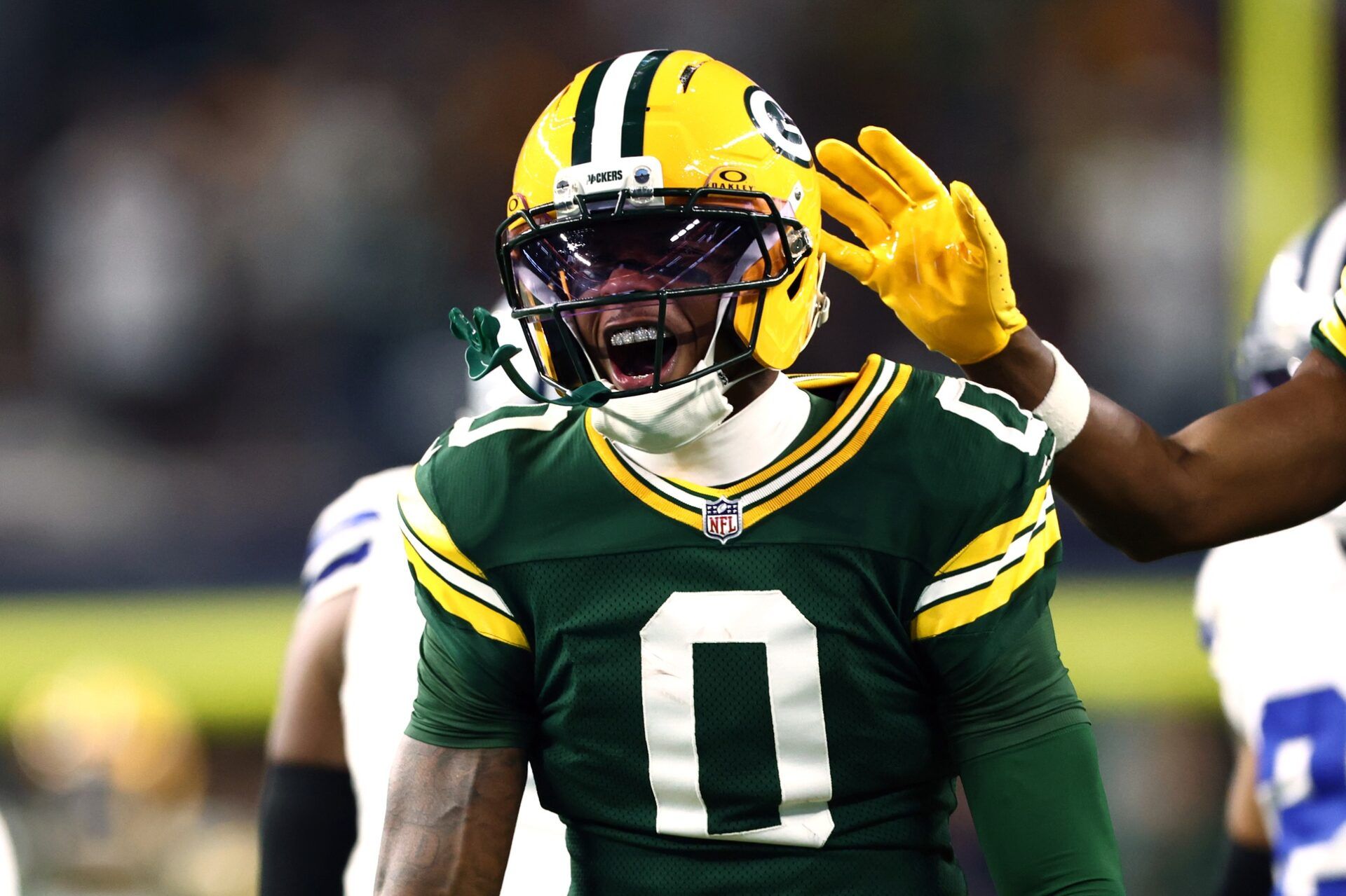 Green Bay Packers wide receiver Matthew Golden (0) reacts in the first quarter against the Dallas Cowboys at AT&T Stadium.