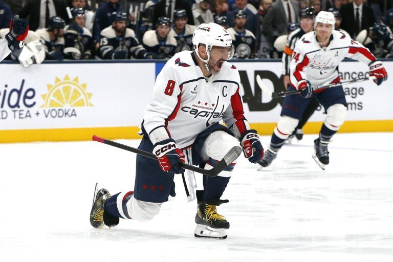 Washington Capitals left wing Alex Ovechkin (8) celebrates goal his 899th goal against the Columbus Blue Jackets during the third period at Nationwide Arena.