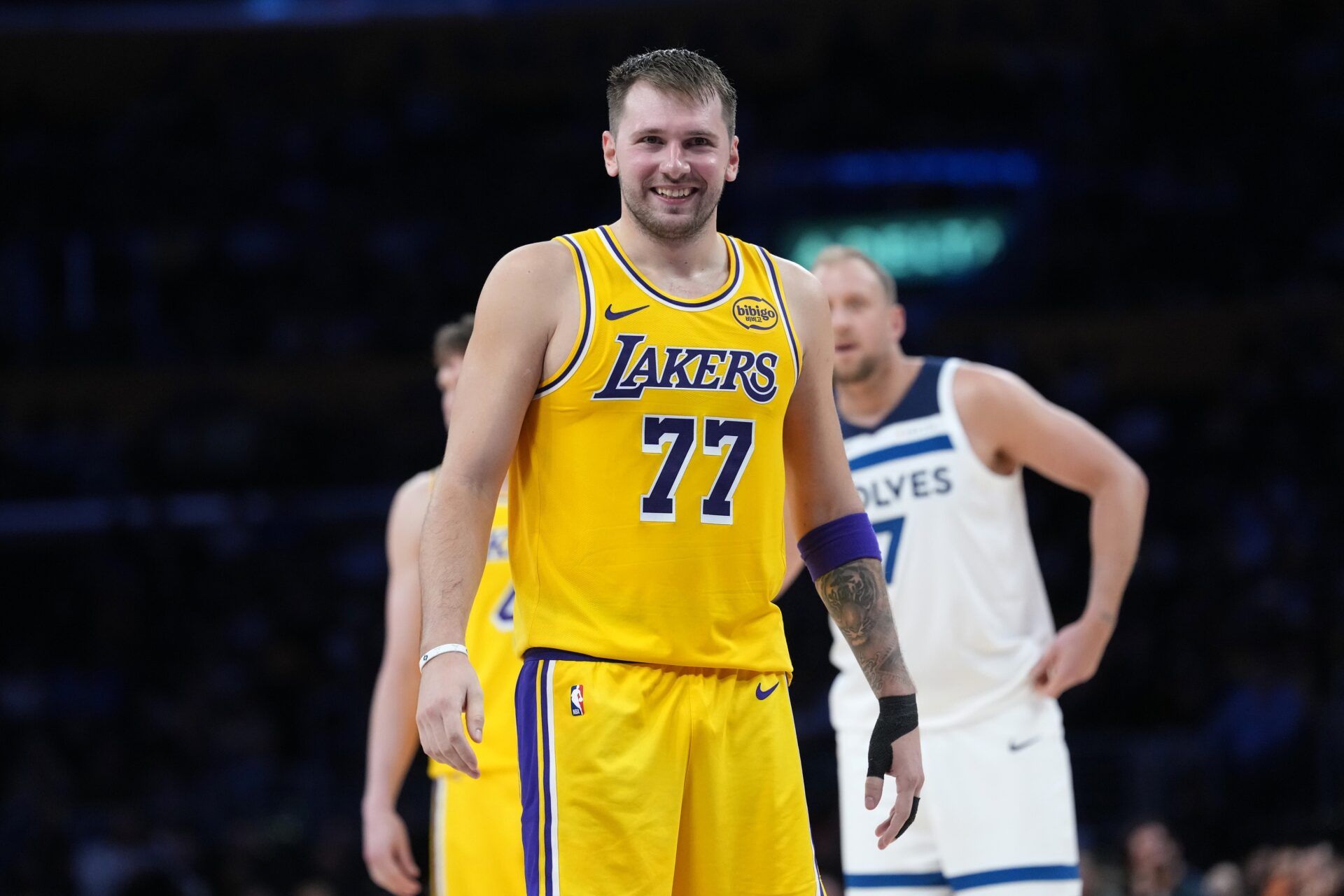 Los Angeles Lakers guard Luka Doncic (77) reacts in the second half against the Minnesota Timberwolves at Crypto.com Arena.