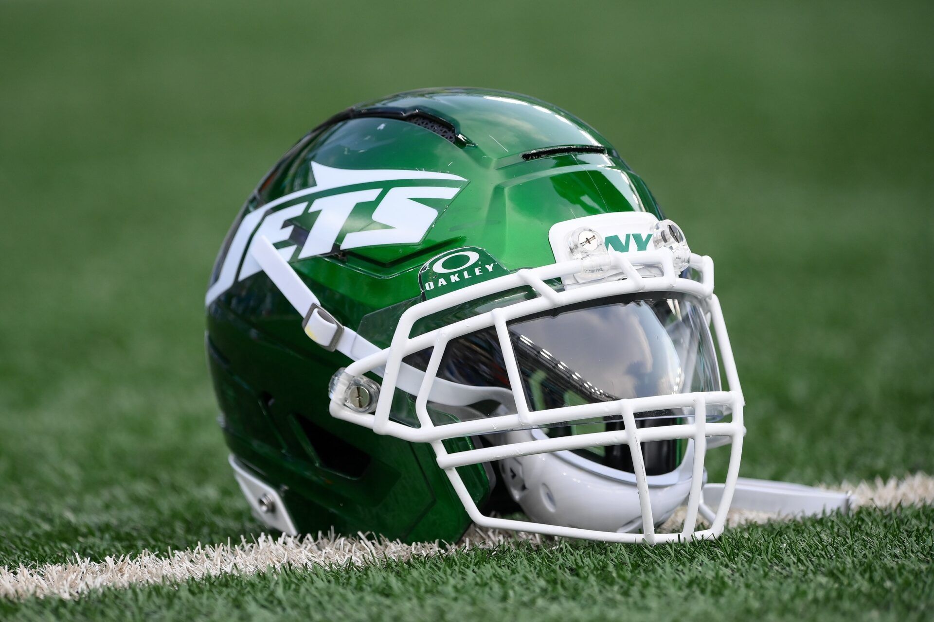 General view of a New York Jets helmet prior to the game against the New York Giants at MetLife Stadium.
