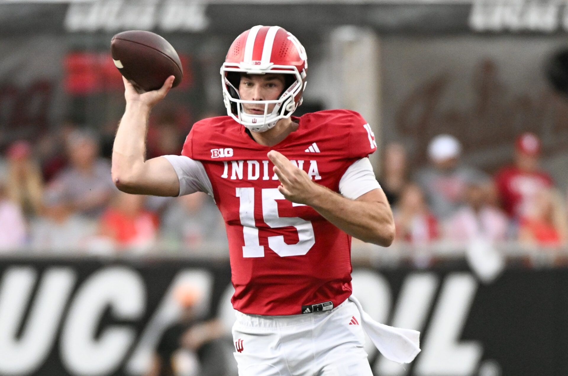 Indiana Hoosiers quarterback Fernando Mendoza (15) throws a pass during the first half against the Michigan State Spartans at Memorial Stadium.