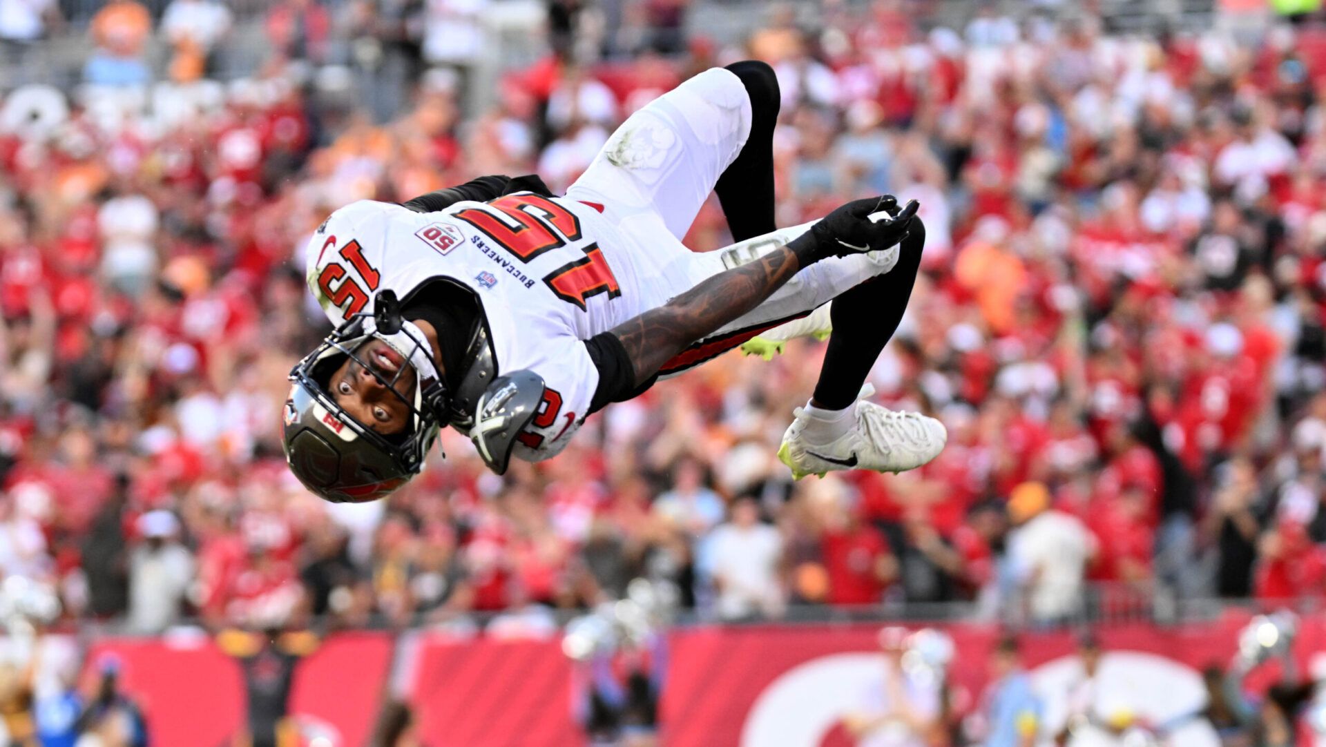 Tampa Bay Buccaneers wide receiver Tez Johnson (15) reacts during the third quarter against the San Francisco 49ers at Raymond James Stadium.