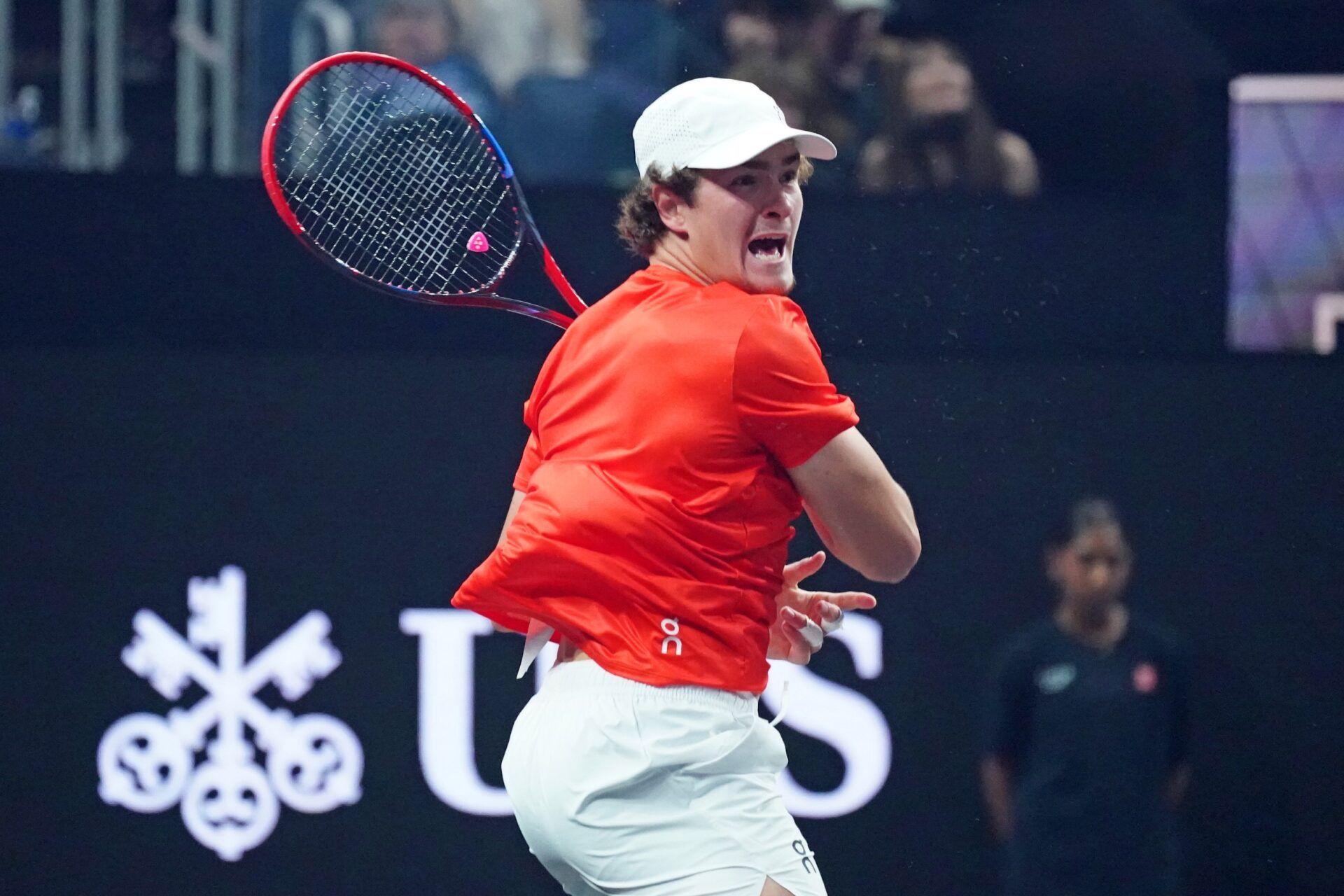 Team World player Joao Fonseca hits a forehand during his match against Team Europe player Flavio Cobolli at the Laver Cup at Chase Center.