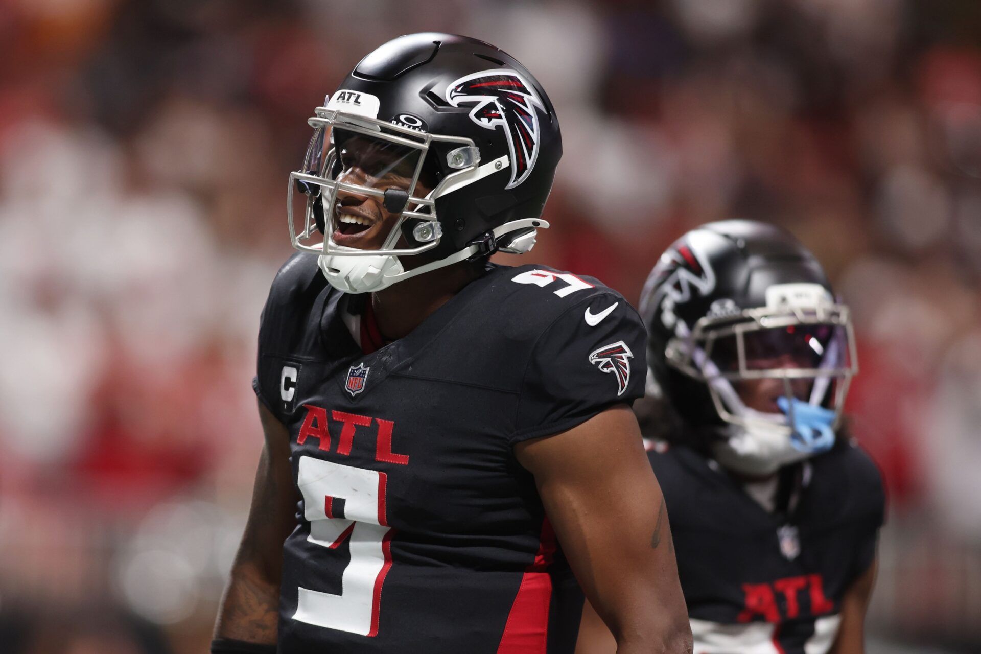 Atlanta Falcons quarterback Michael Penix Jr. (9) reacts after a play against the Tampa Bay Buccaneers during the fourth quarter at Mercedes-Benz Stadium.